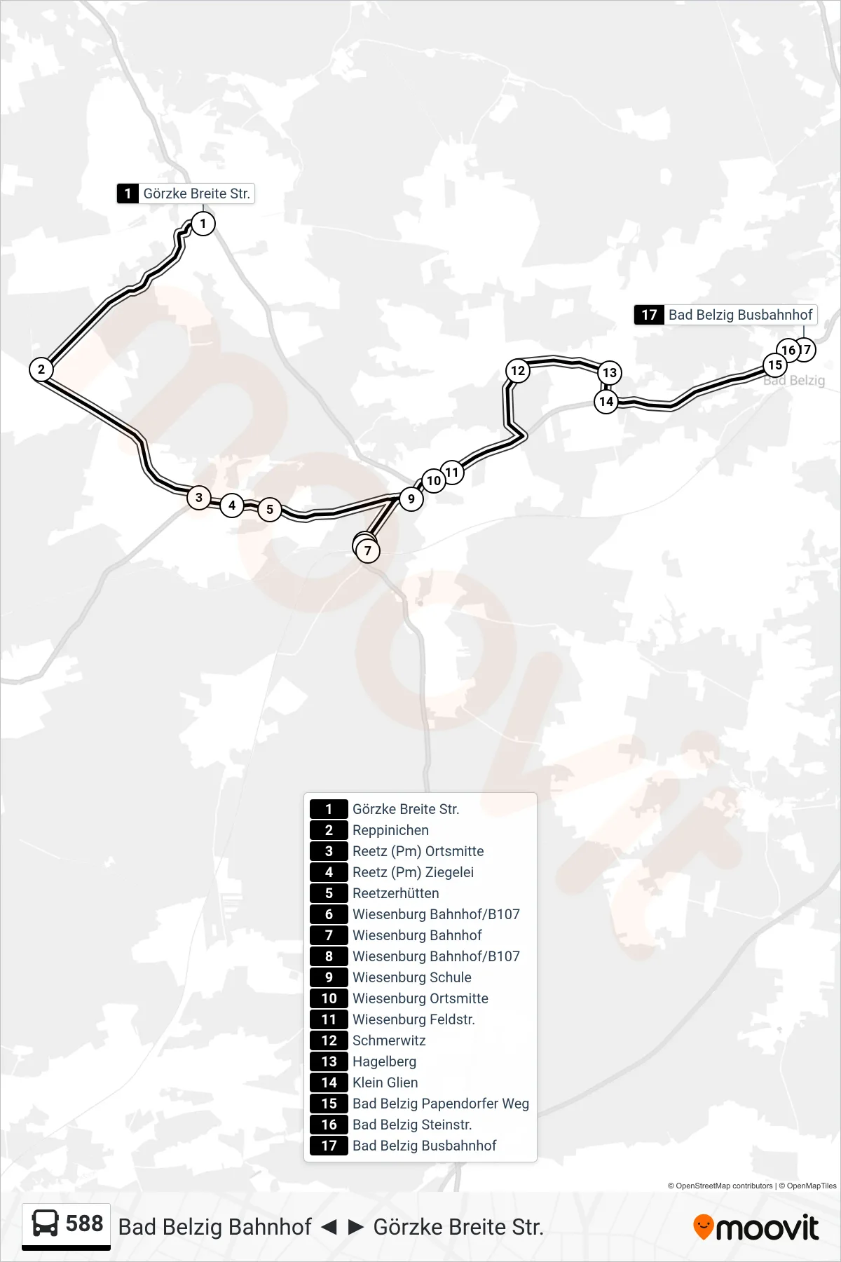 Linie 588 (Bus) Richtung Bad Belzig Busbahnhof: Route und Haltestellen auf der Karte