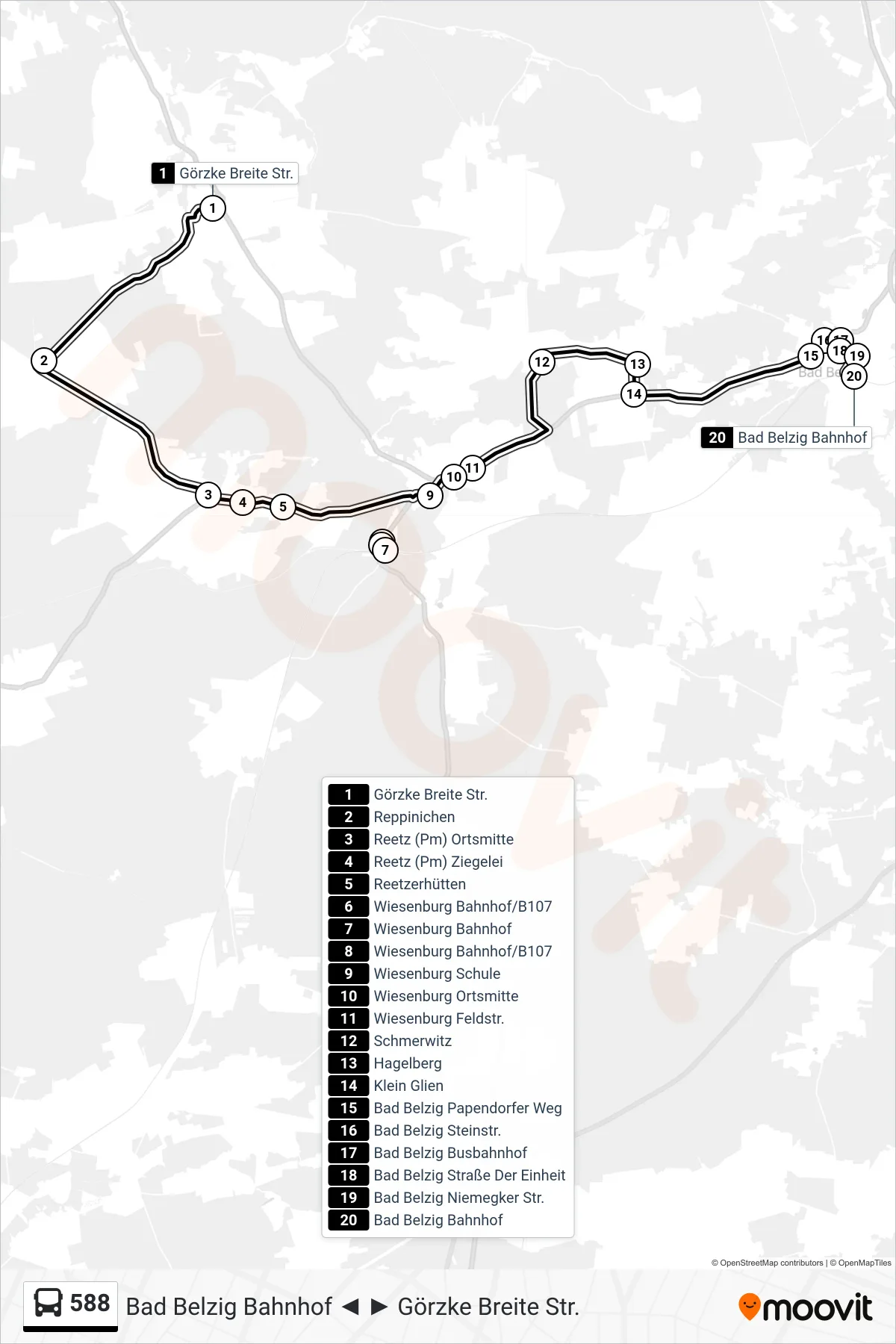 Linie 588 (Bus) Richtung Bad Belzig Bahnhof: Route und Haltestellen auf der Karte