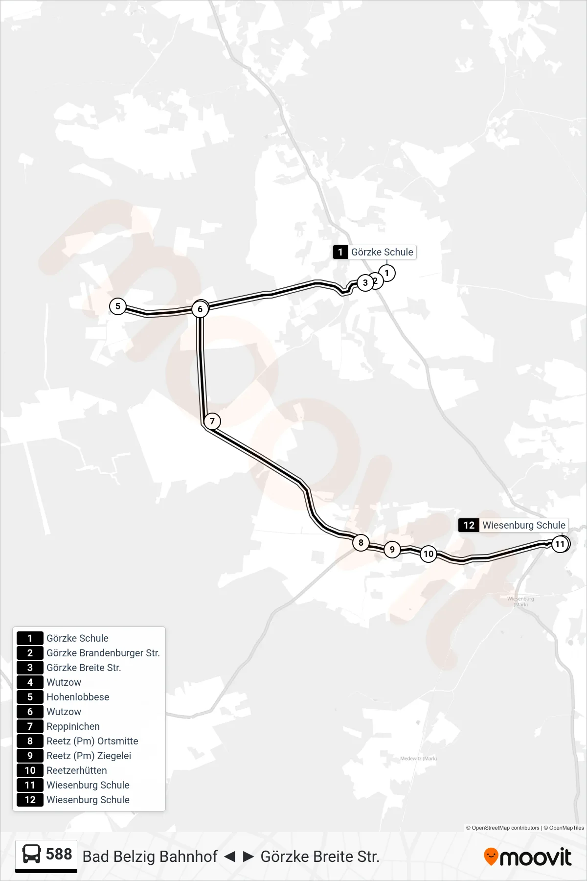 Linie 588 (Bus) Richtung Wiesenburg Schule: Route und Haltestellen auf der Karte