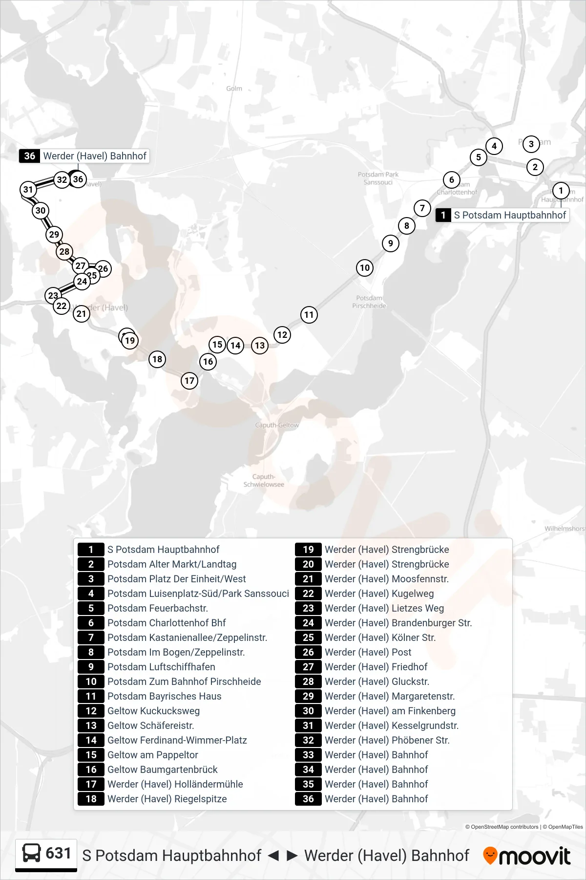 Linie 631 (Bus) Richtung Werder (Havel) Bahnhof: Route und Haltestellen auf der Karte