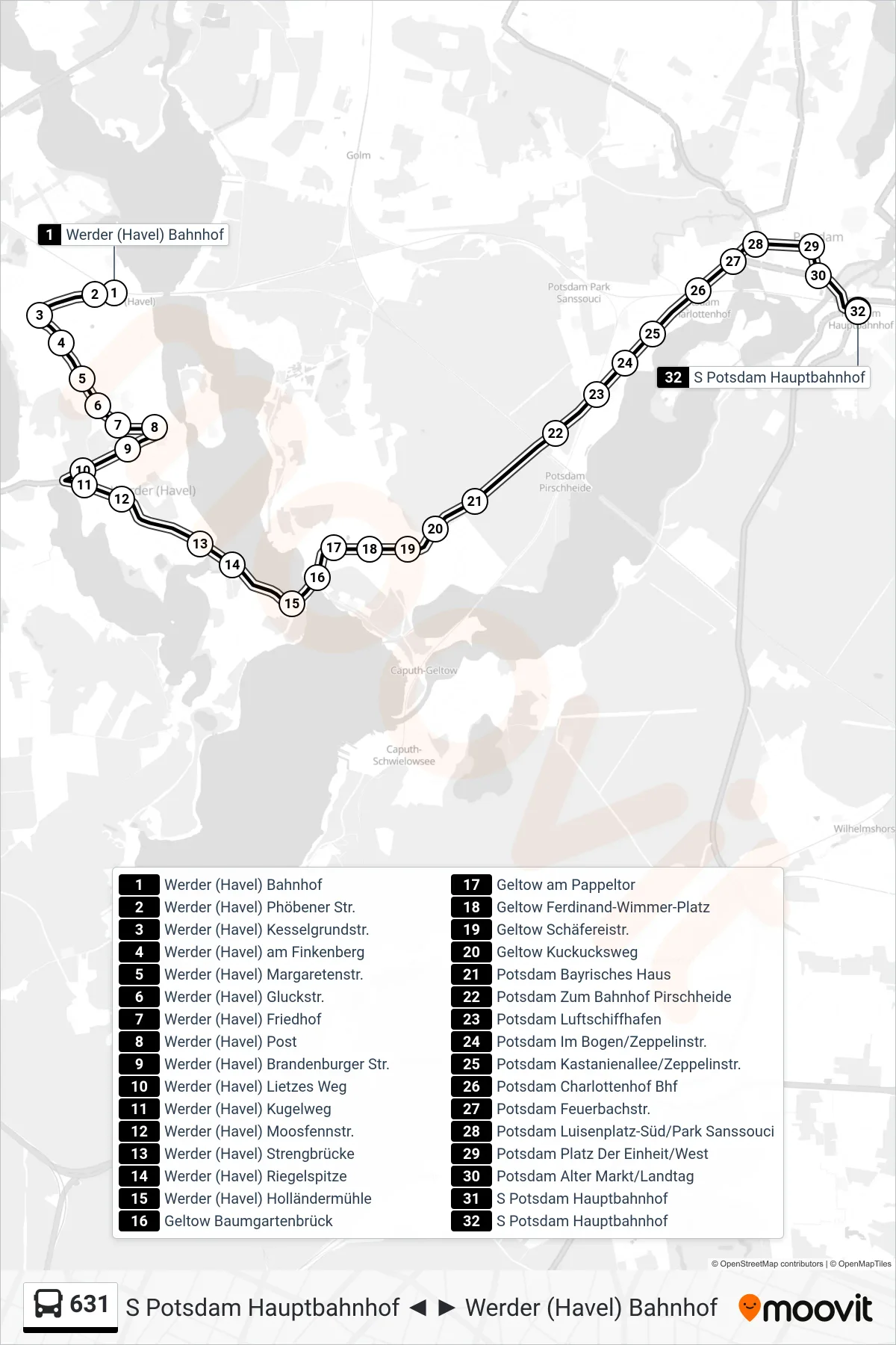 Linie 631 (Bus) Richtung S Potsdam Hauptbahnhof: Route und Haltestellen auf der Karte