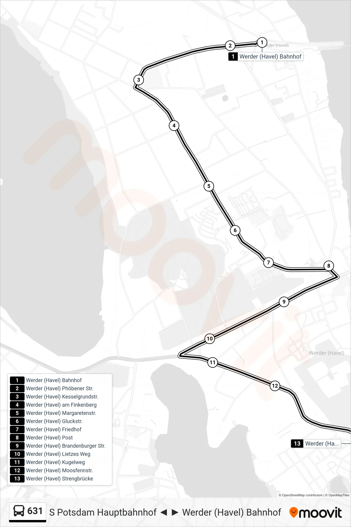 Linie 631 (Bus) Richtung Werder (Havel) Strengbrücke: Route und Haltestellen auf der Karte