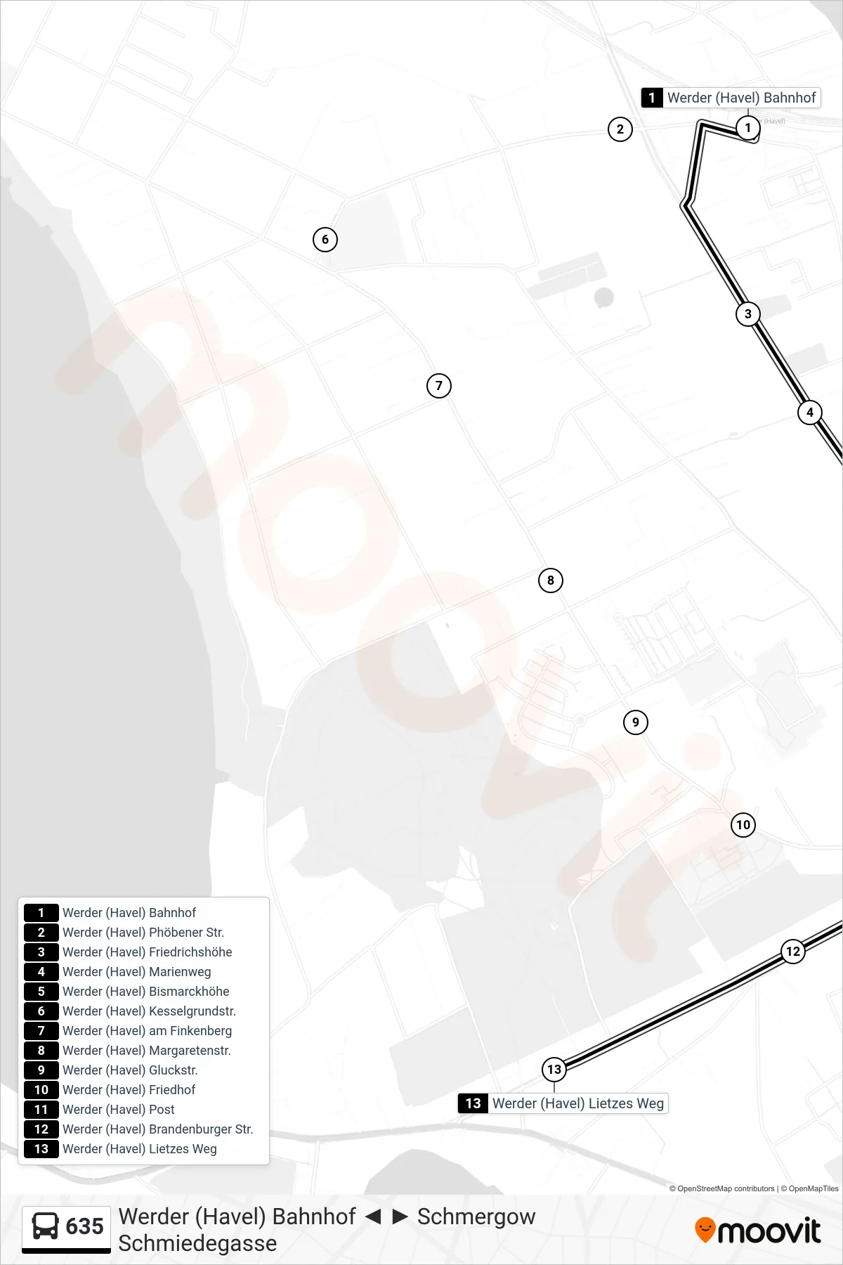 635 bus Line (Werder (Havel) Lietzes Weg) route and stops on a map