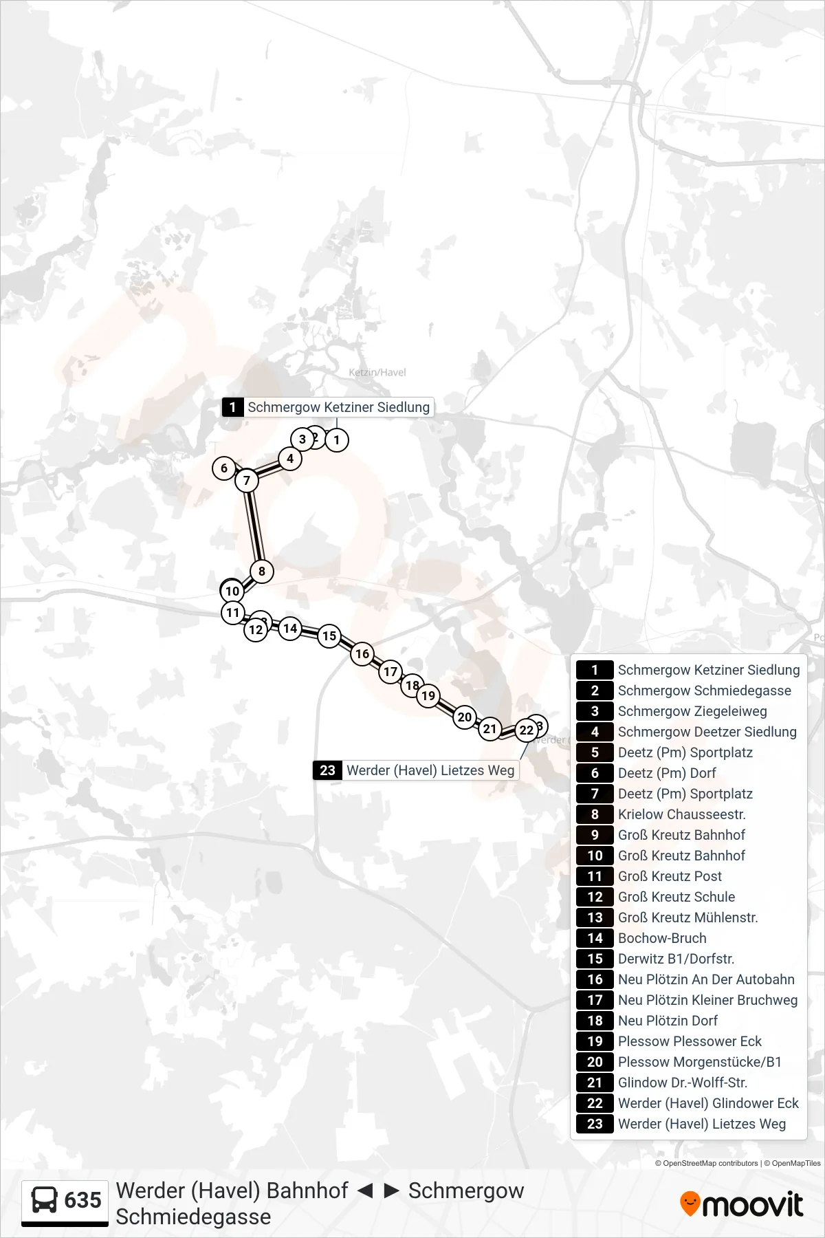 Linie 635 (Bus) Richtung Werder (Havel) Lietzes Weg: Route und Haltestellen auf der Karte