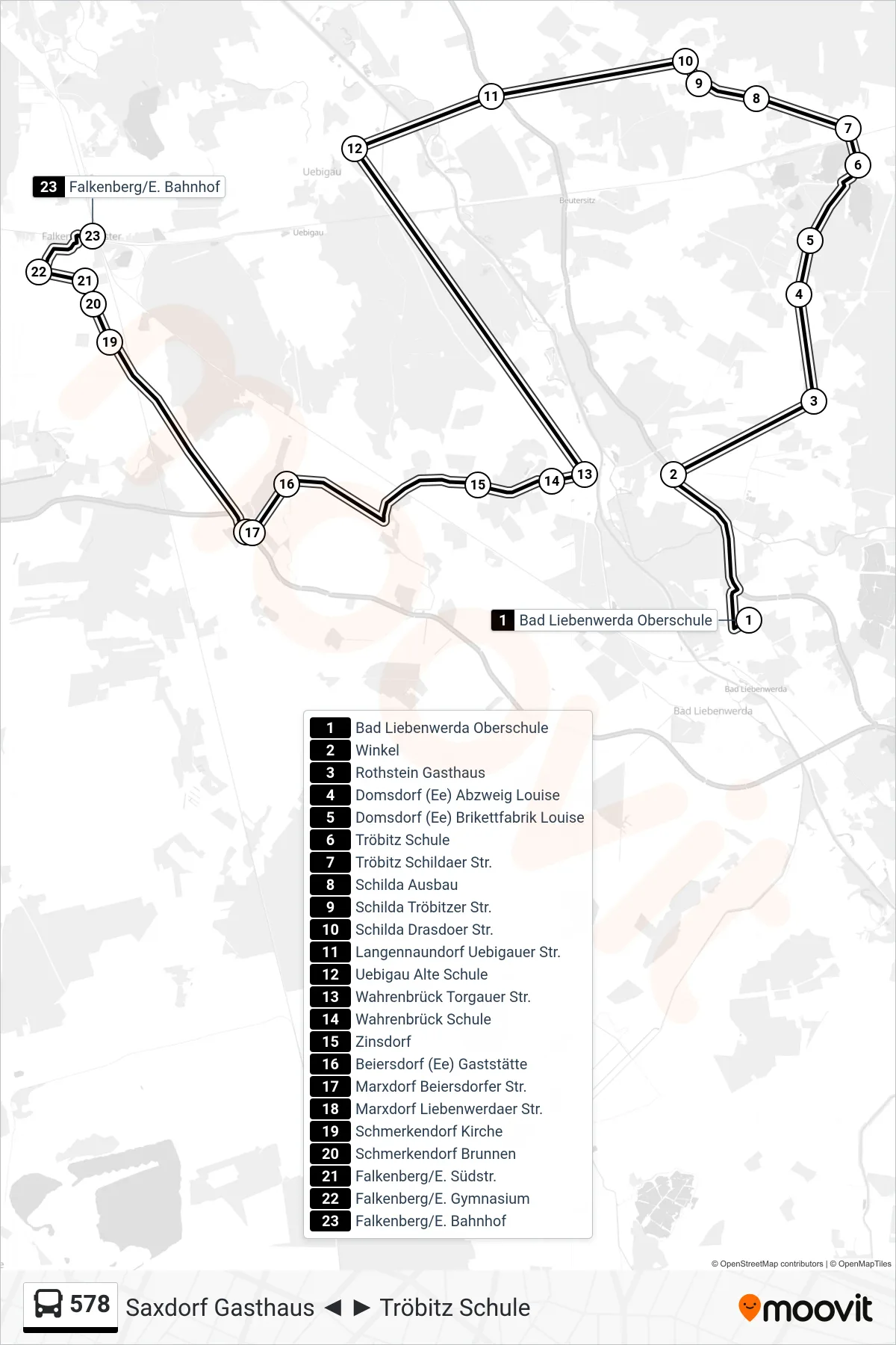 Linie 578 (Bus) Richtung Falkenberg/E. Bahnhof: Route und Haltestellen auf der Karte
