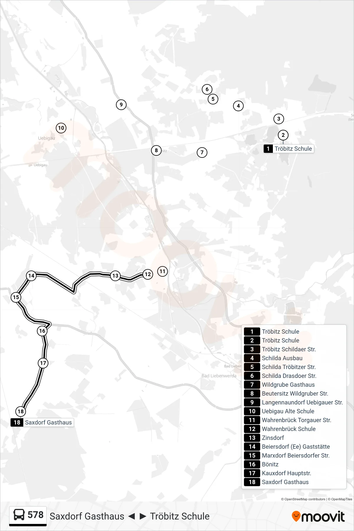 Linie 578 (Bus) Richtung Saxdorf Gasthaus: Route und Haltestellen auf der Karte