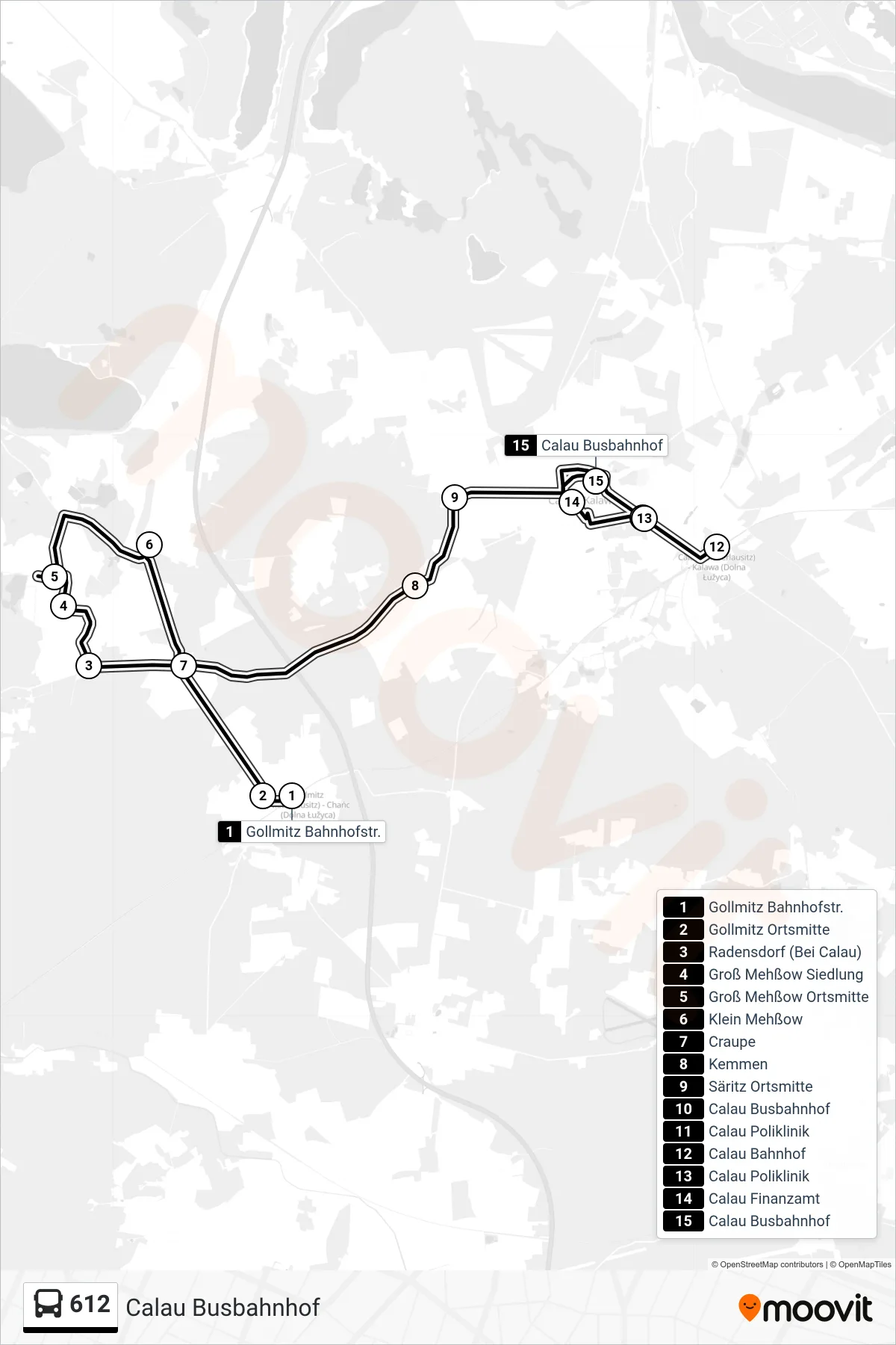 Linie 612 (Bus) Richtung Calau Busbahnhof: Route und Haltestellen auf der Karte
