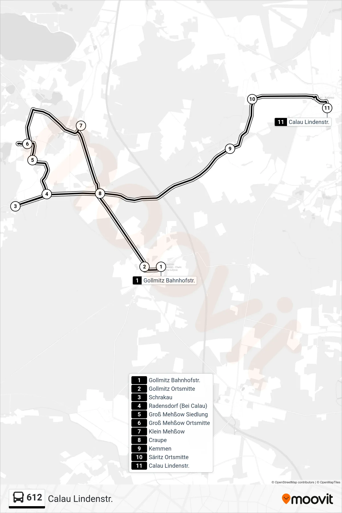 Linie 612 (Bus) Richtung Calau Lindenstr.: Route und Haltestellen auf der Karte