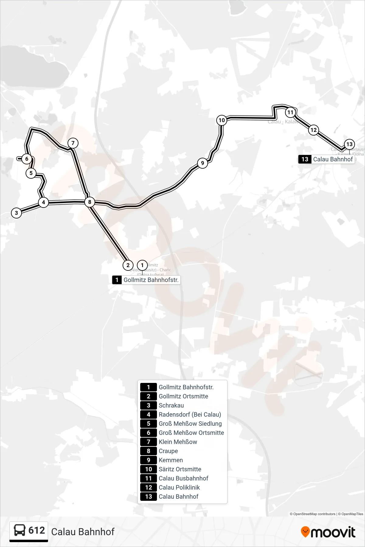 Linie 612 (Bus) Richtung Calau Bahnhof: Route und Haltestellen auf der Karte