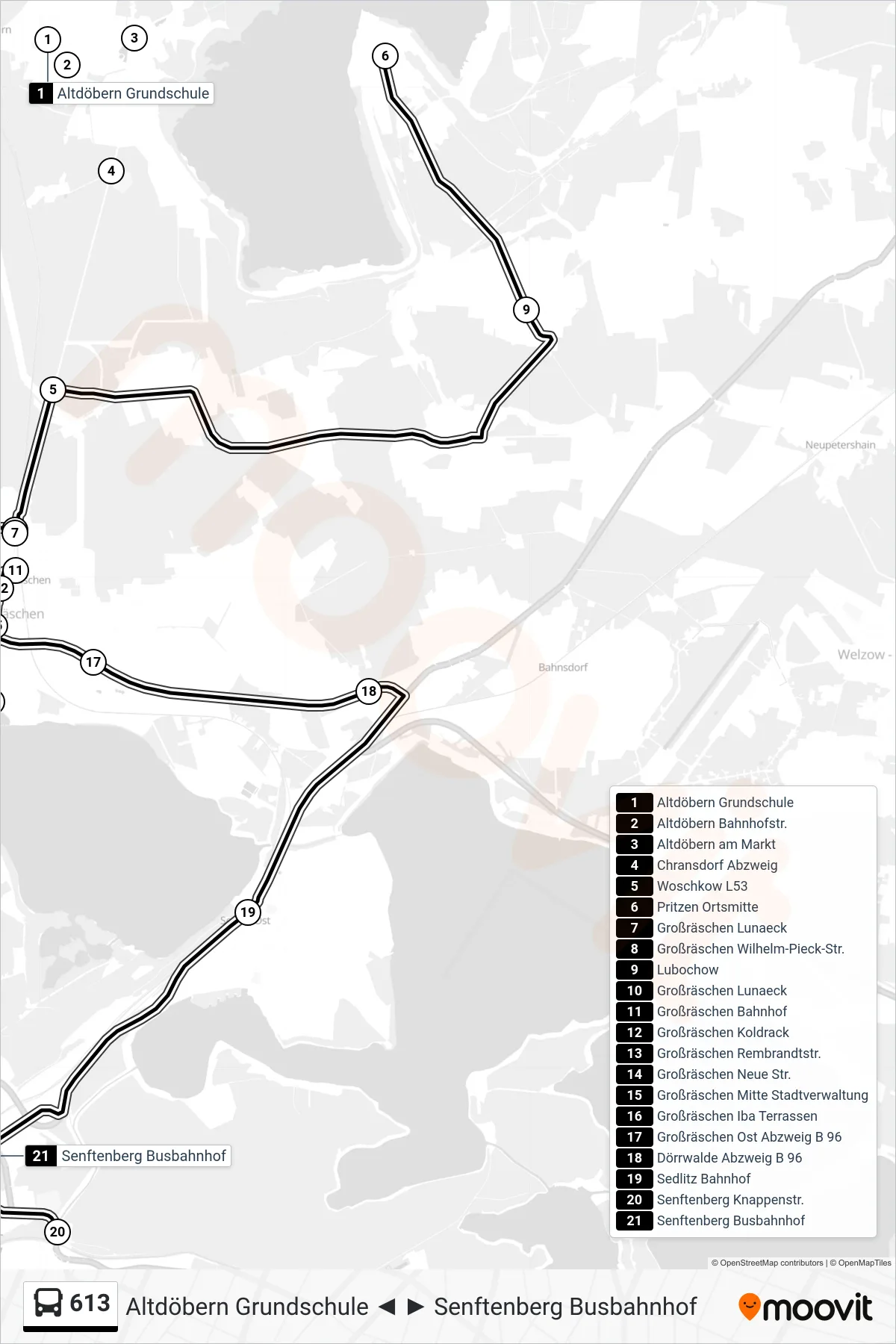 Linie 613 (Bus) Richtung Senftenberg Busbahnhof: Route und Haltestellen auf der Karte