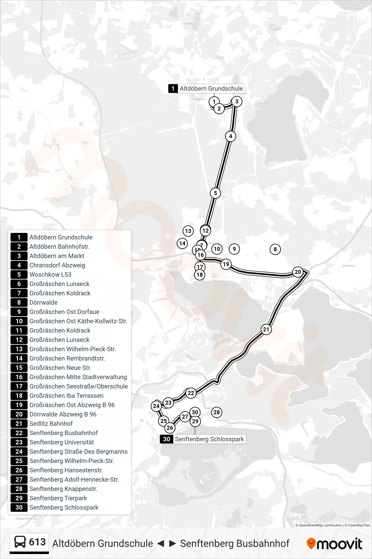 Linie 613 (Bus) Richtung Senftenberg Schlosspark: Route und Haltestellen auf der Karte