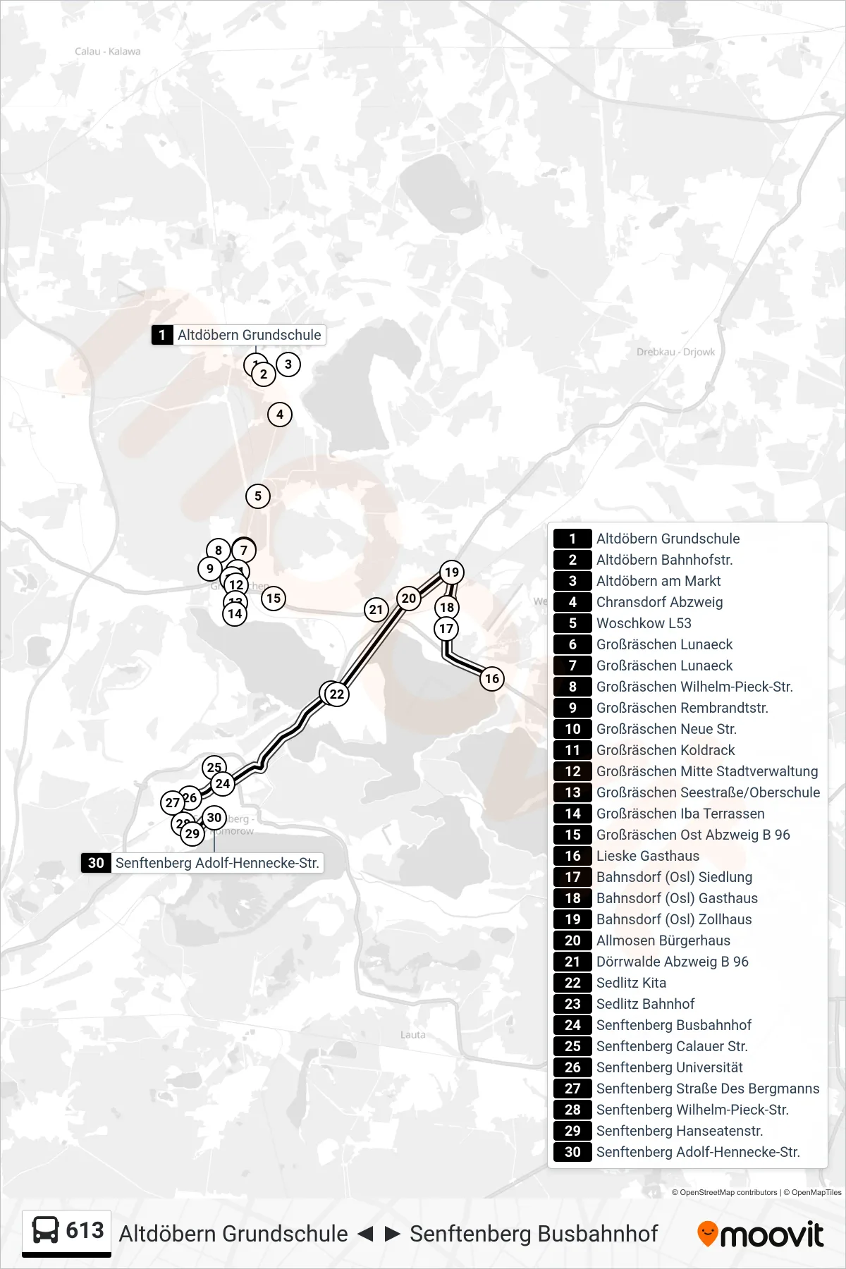 Linie 613 (Bus) Richtung Senftenberg Adolf-Hennecke-Str.: Route und Haltestellen auf der Karte