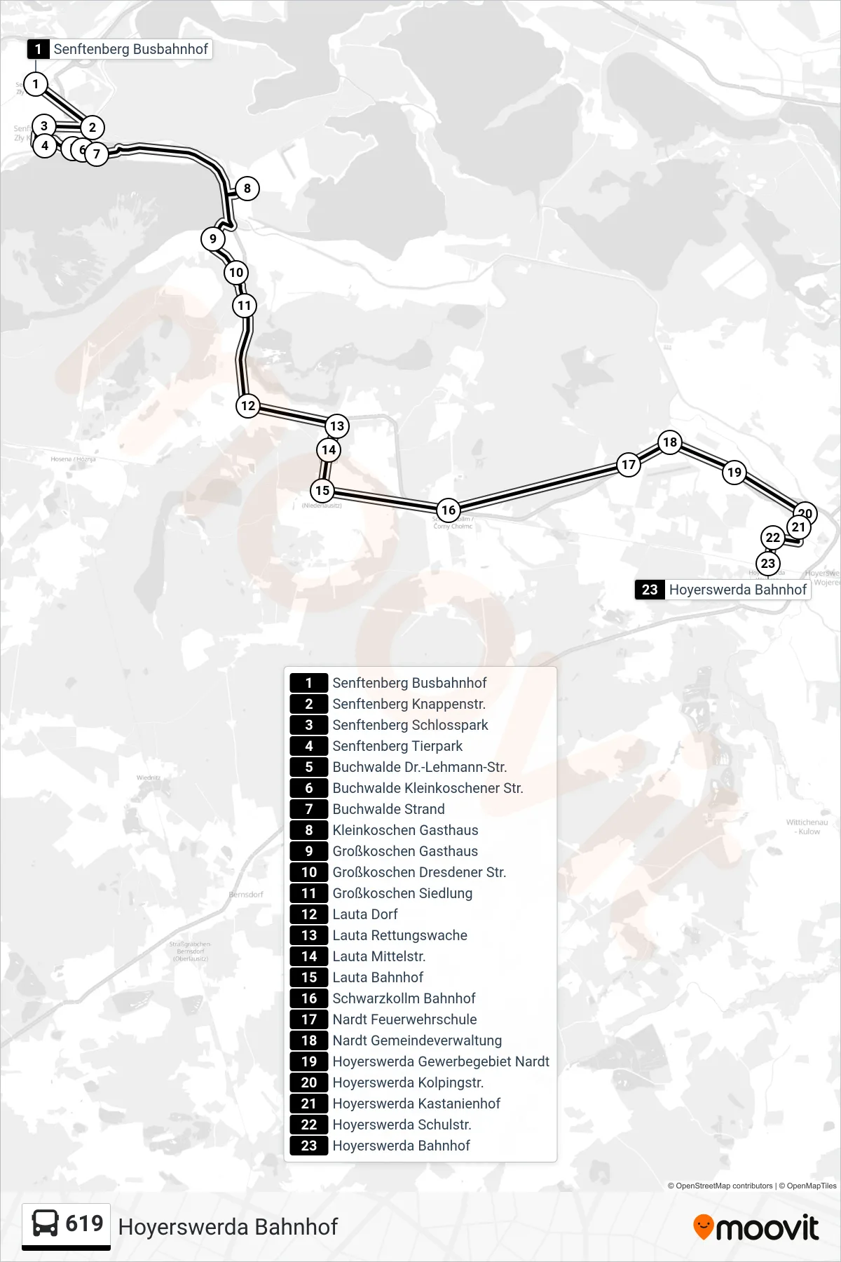 Linie 619 (Bus) Richtung Hoyerswerda Bahnhof: Route und Haltestellen auf der Karte