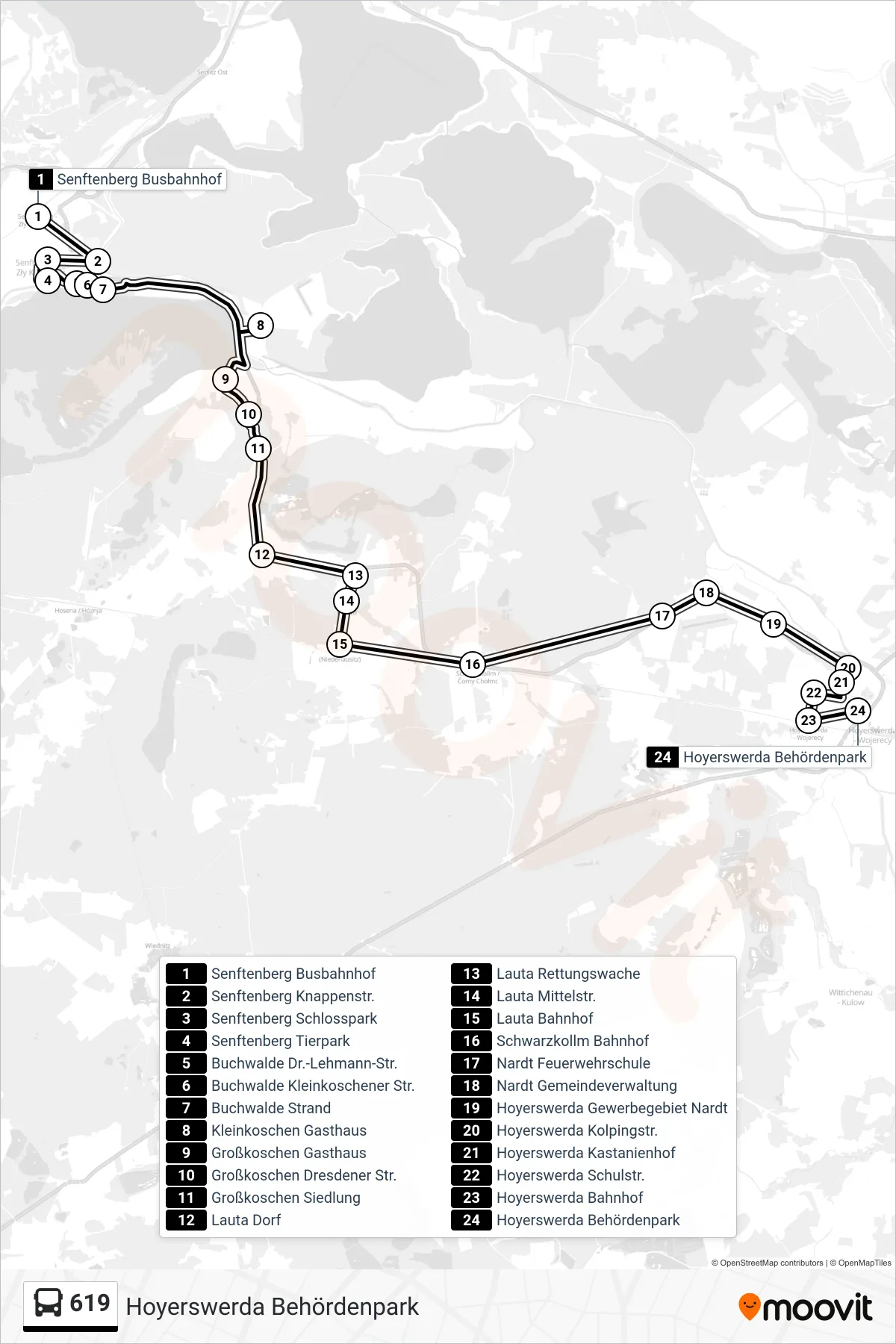 Linie 619 (Bus) Richtung Hoyerswerda Behördenpark: Route und Haltestellen auf der Karte