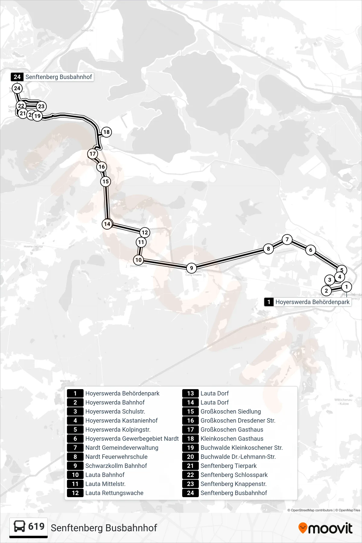 Linie 619 (Bus) Richtung Senftenberg Busbahnhof: Route und Haltestellen auf der Karte