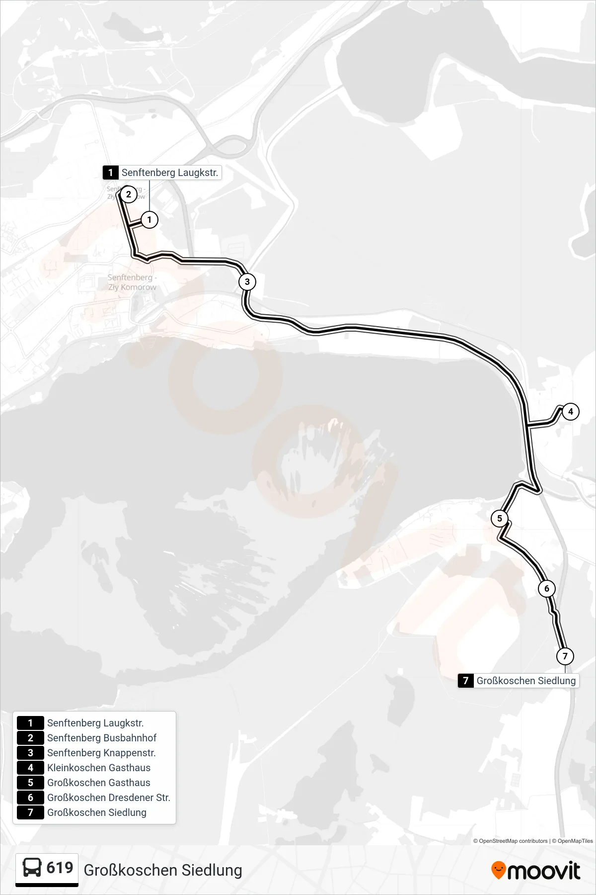Linie 619 (Bus) Richtung Großkoschen Siedlung: Route und Haltestellen auf der Karte
