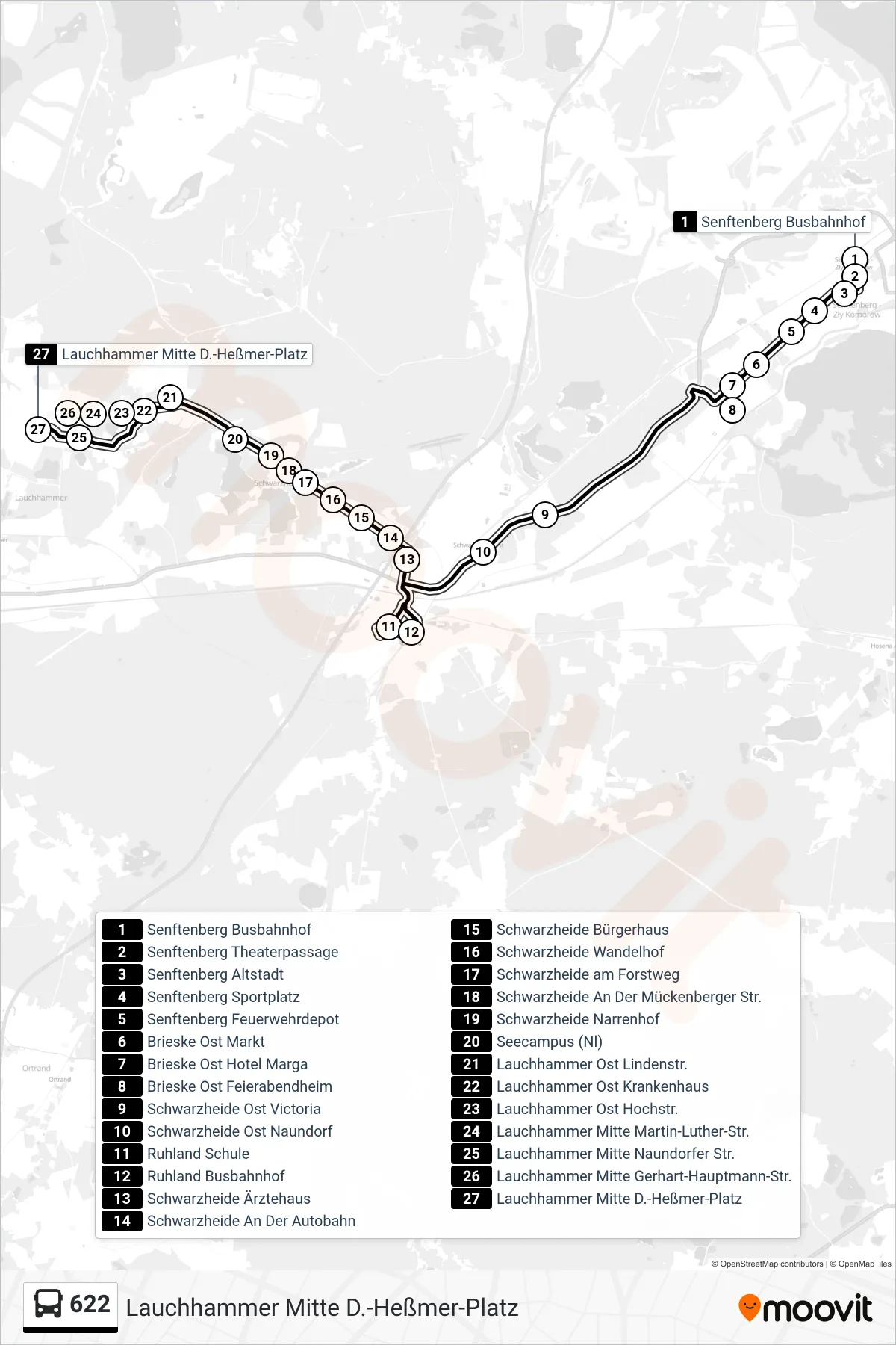 Linie 622 (Bus) Richtung Lauchhammer Mitte D.-Heßmer-Platz: Route und Haltestellen auf der Karte