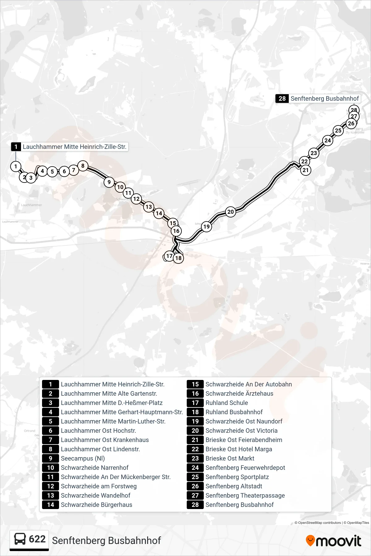Linie 622 (Bus) Richtung Senftenberg Busbahnhof: Route und Haltestellen auf der Karte