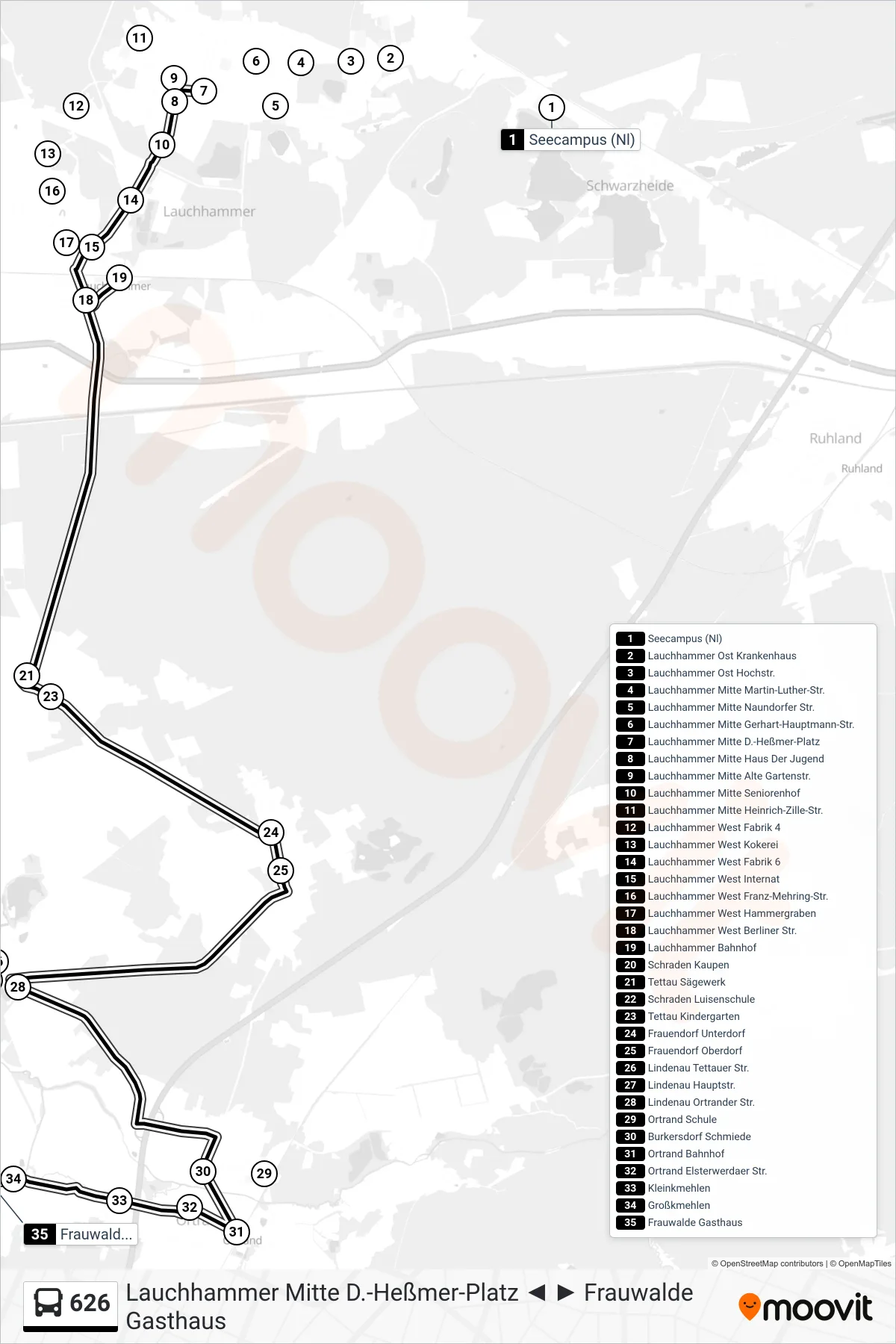Linie 626 (Bus) Richtung Frauwalde Gasthaus: Route und Haltestellen auf der Karte