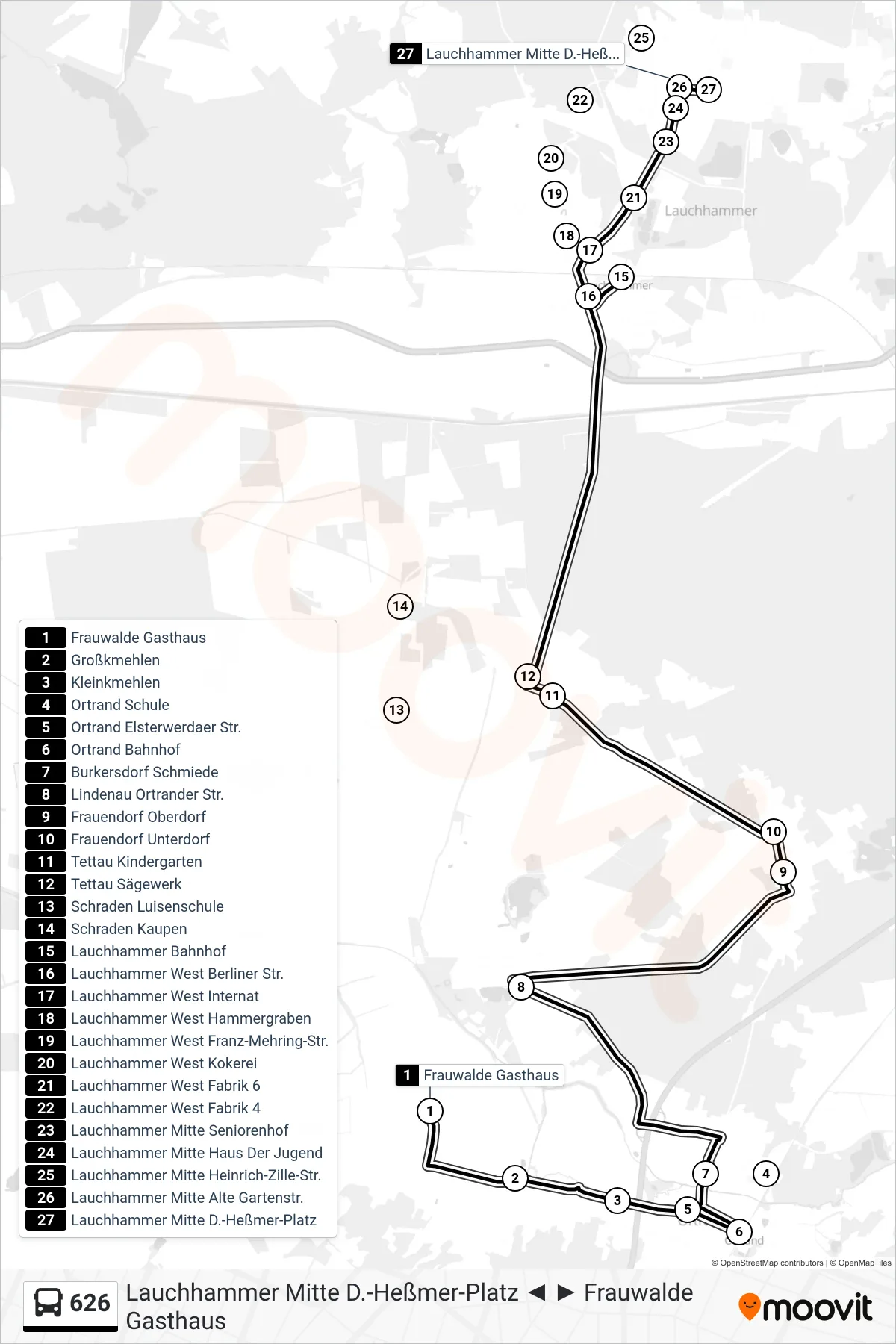 626 bus Line (Lauchhammer Mitte D.-Heßmer-Platz) route and stops on a map