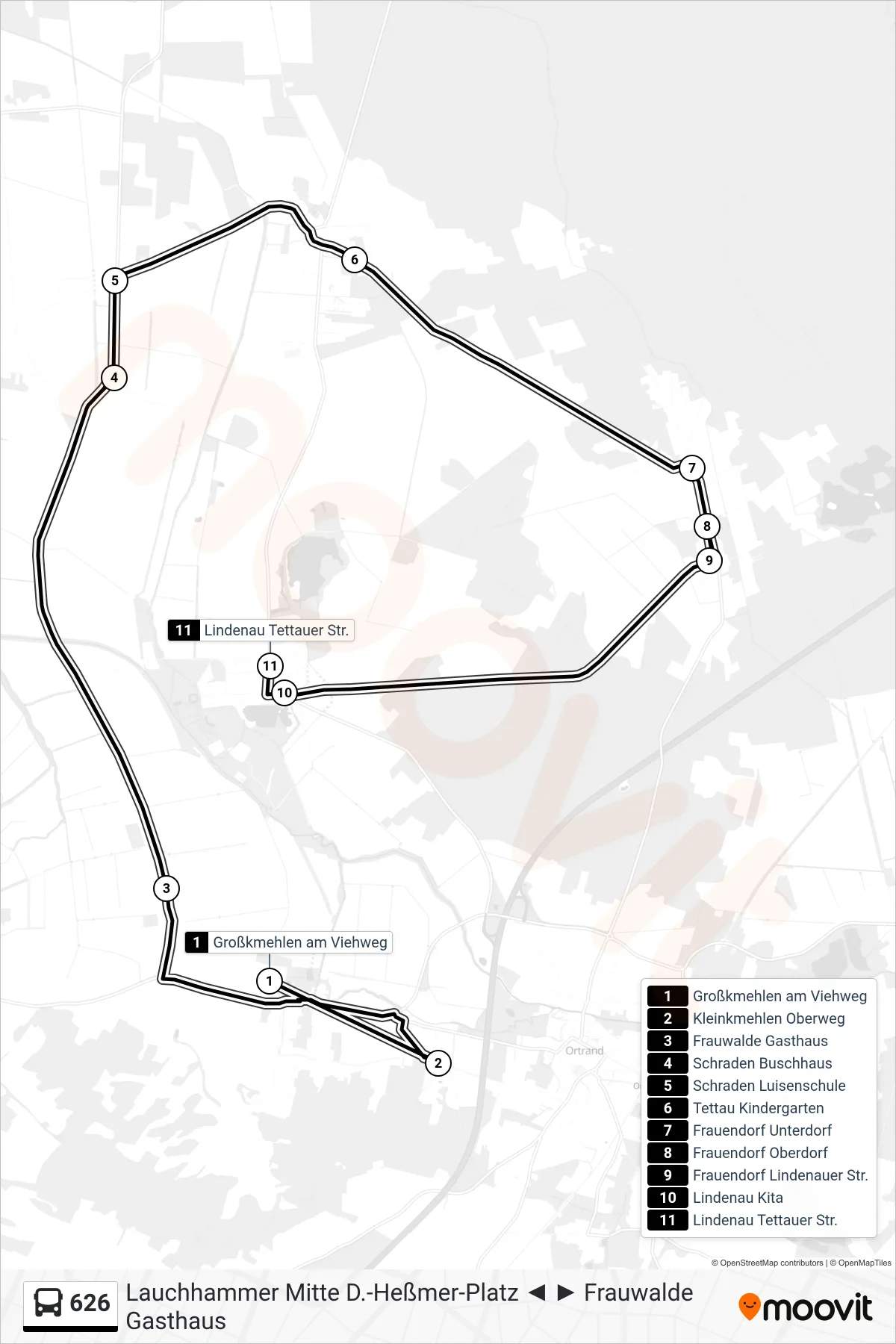 Linie 626 (Bus) Richtung Lindenau Tettauer Str.: Route und Haltestellen auf der Karte