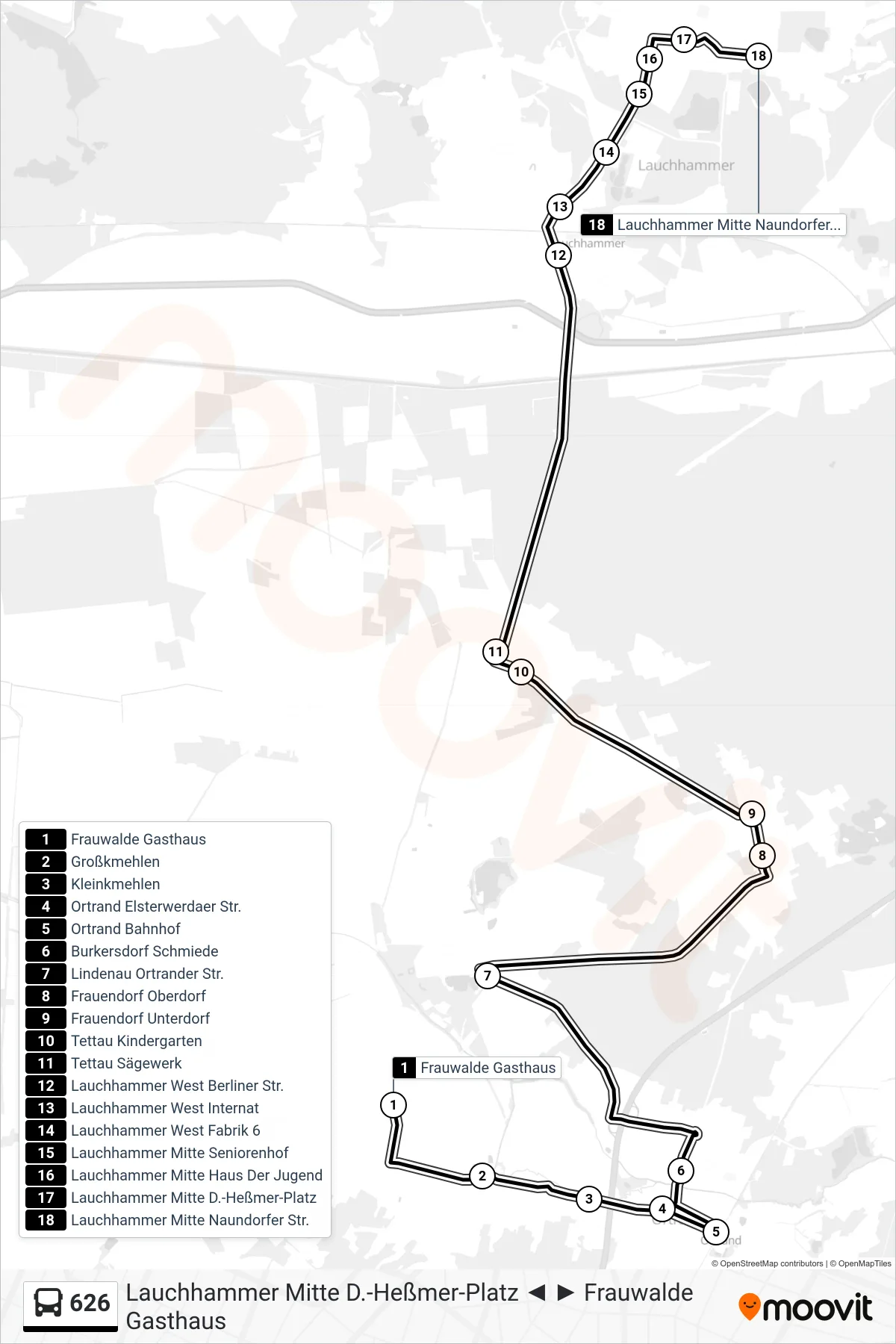 Linie 626 (Bus) Richtung Lauchhammer Mitte Naundorfer Str.: Route und Haltestellen auf der Karte