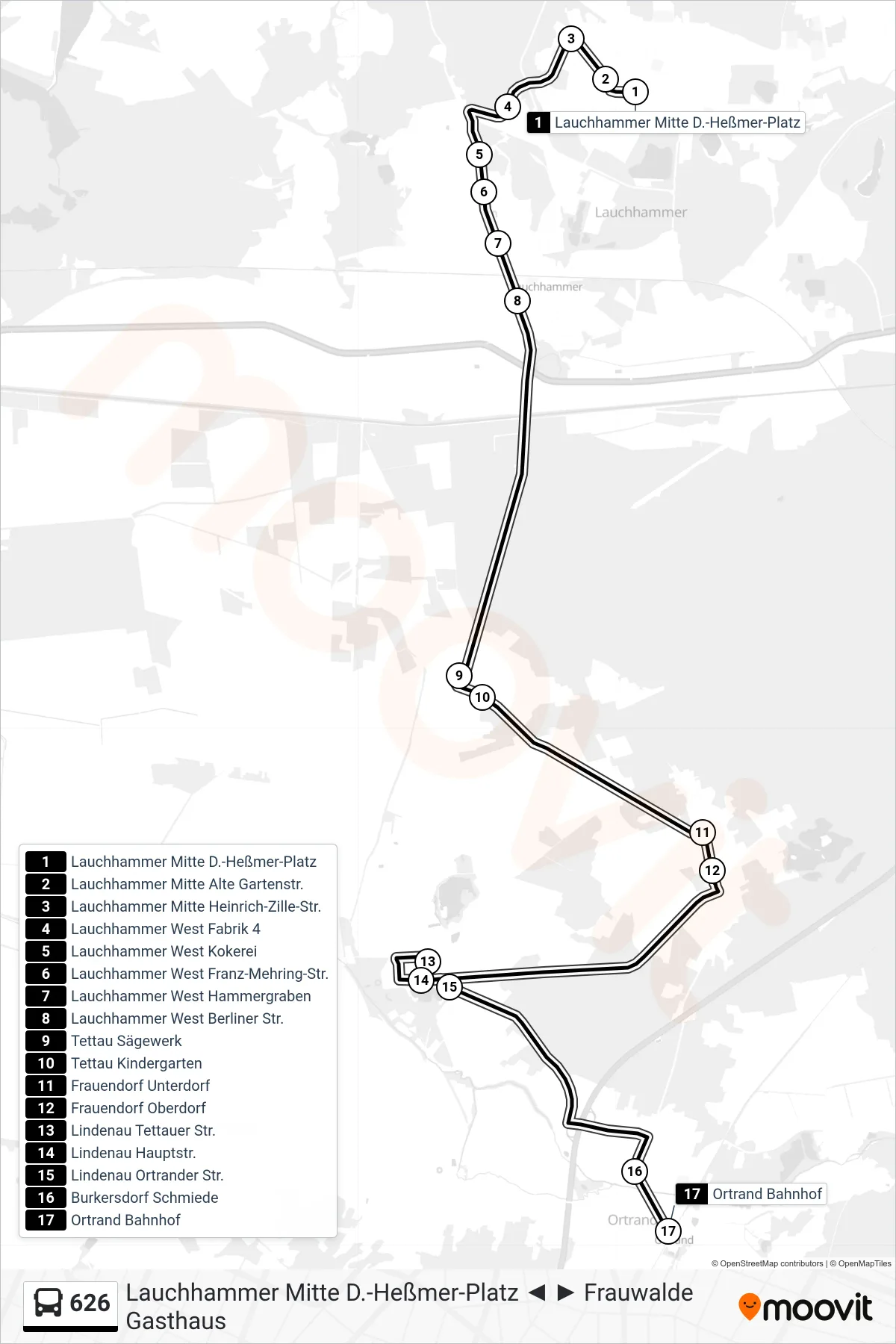 Linie 626 (Bus) Richtung Ortrand Bahnhof: Route und Haltestellen auf der Karte