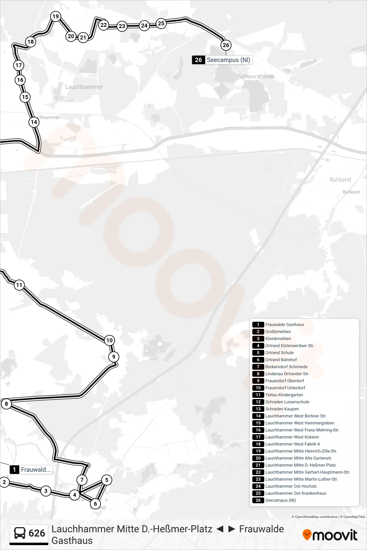 Linie 626 (Bus) Richtung Seecampus (Nl): Route und Haltestellen auf der Karte