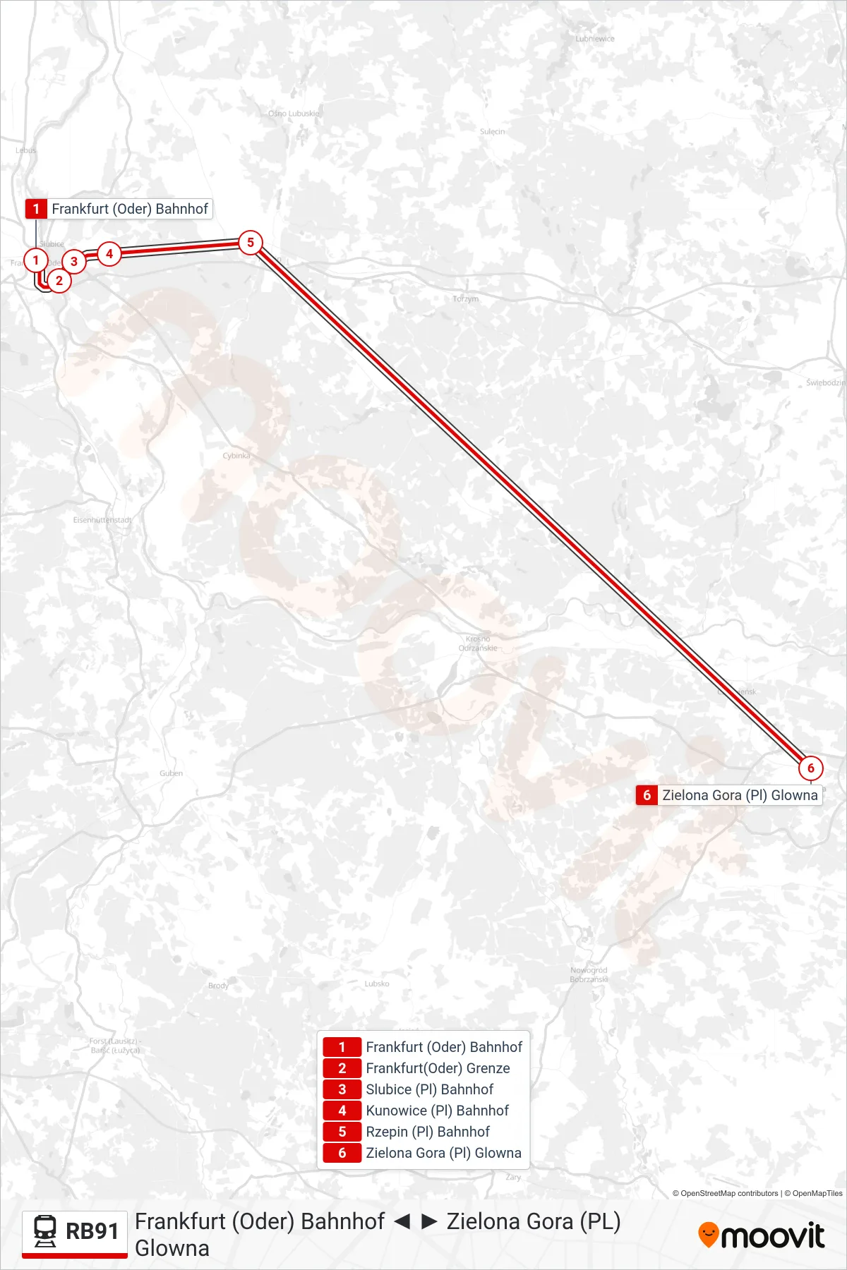 Linie RB91 (Bahn) Richtung Zielona Gora (Pl) Glowna: Route und Haltestellen auf der Karte