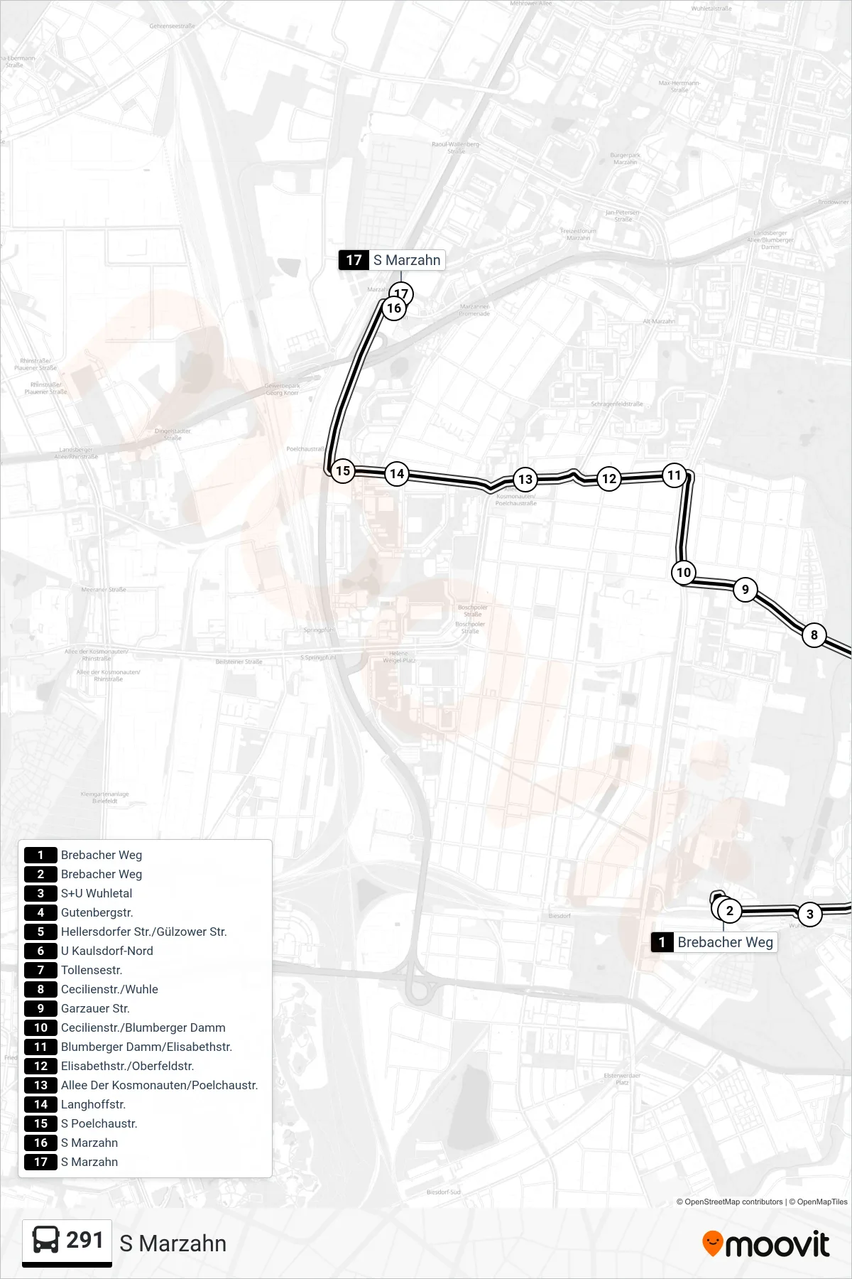 Linie 291 (Bus) Richtung S Marzahn: Route und Haltestellen auf der Karte
