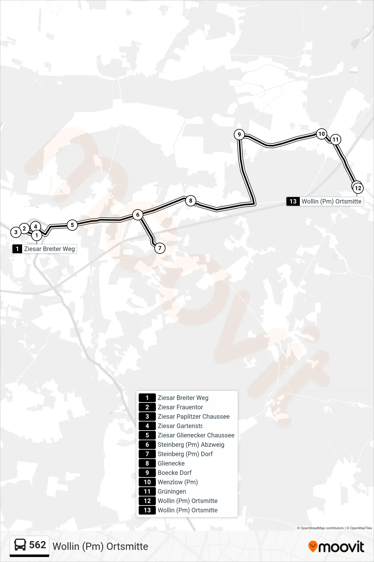 Linie 562 (Bus) Richtung Wollin (Pm) Ortsmitte: Route und Haltestellen auf der Karte