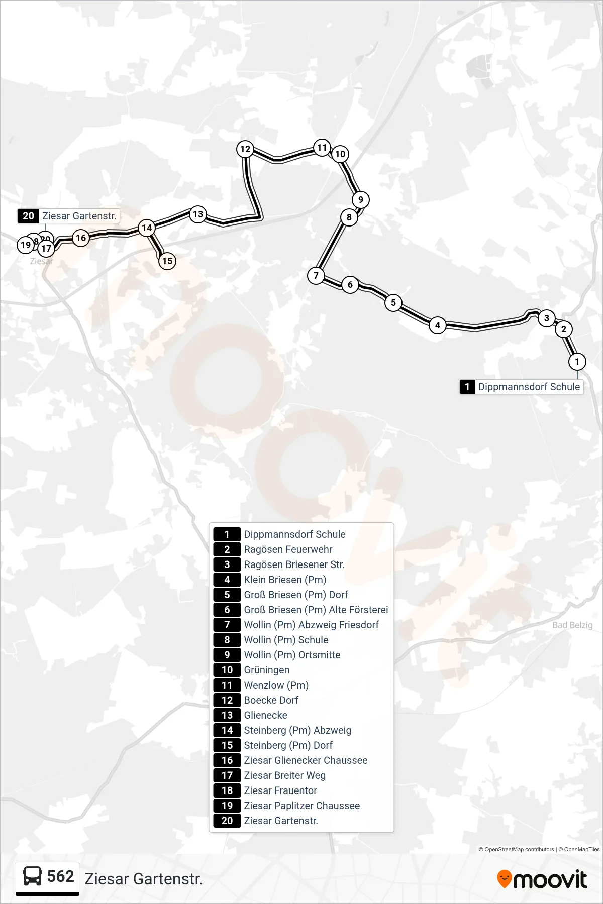 Linie 562 (Bus) Richtung Ziesar Gartenstr.: Route und Haltestellen auf der Karte