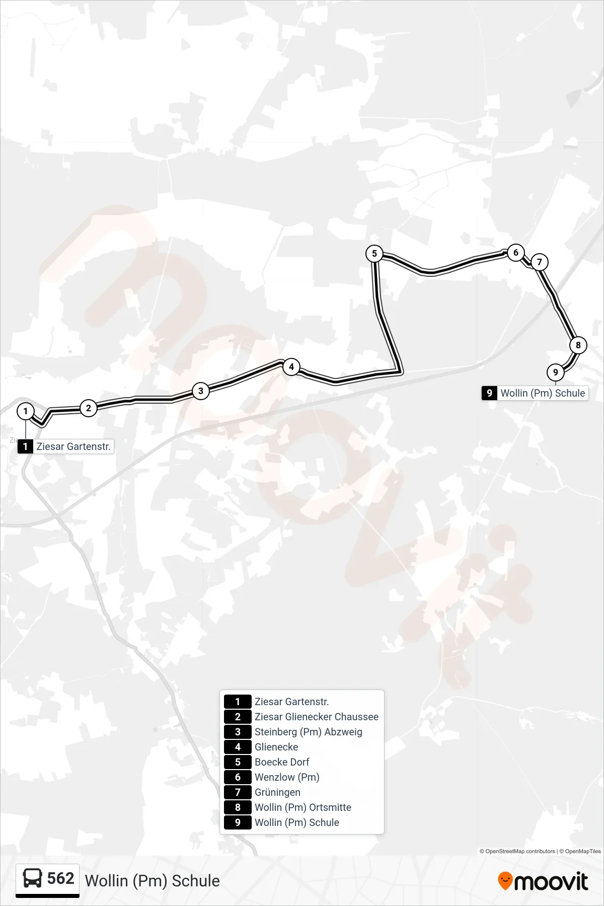 Linie 562 (Bus) Richtung Wollin (Pm) Schule: Route und Haltestellen auf der Karte