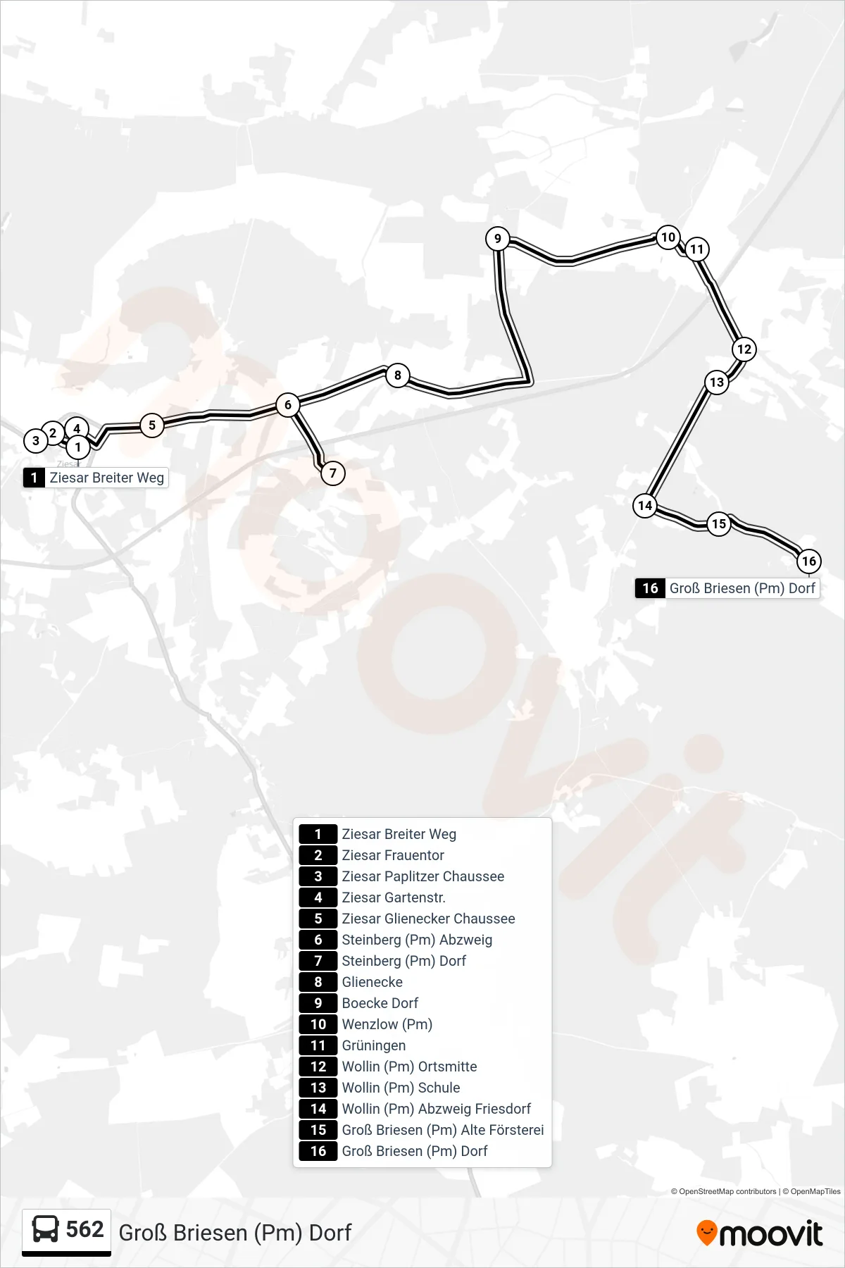 Linie 562 (Bus) Richtung Groß Briesen (Pm) Dorf: Route und Haltestellen auf der Karte