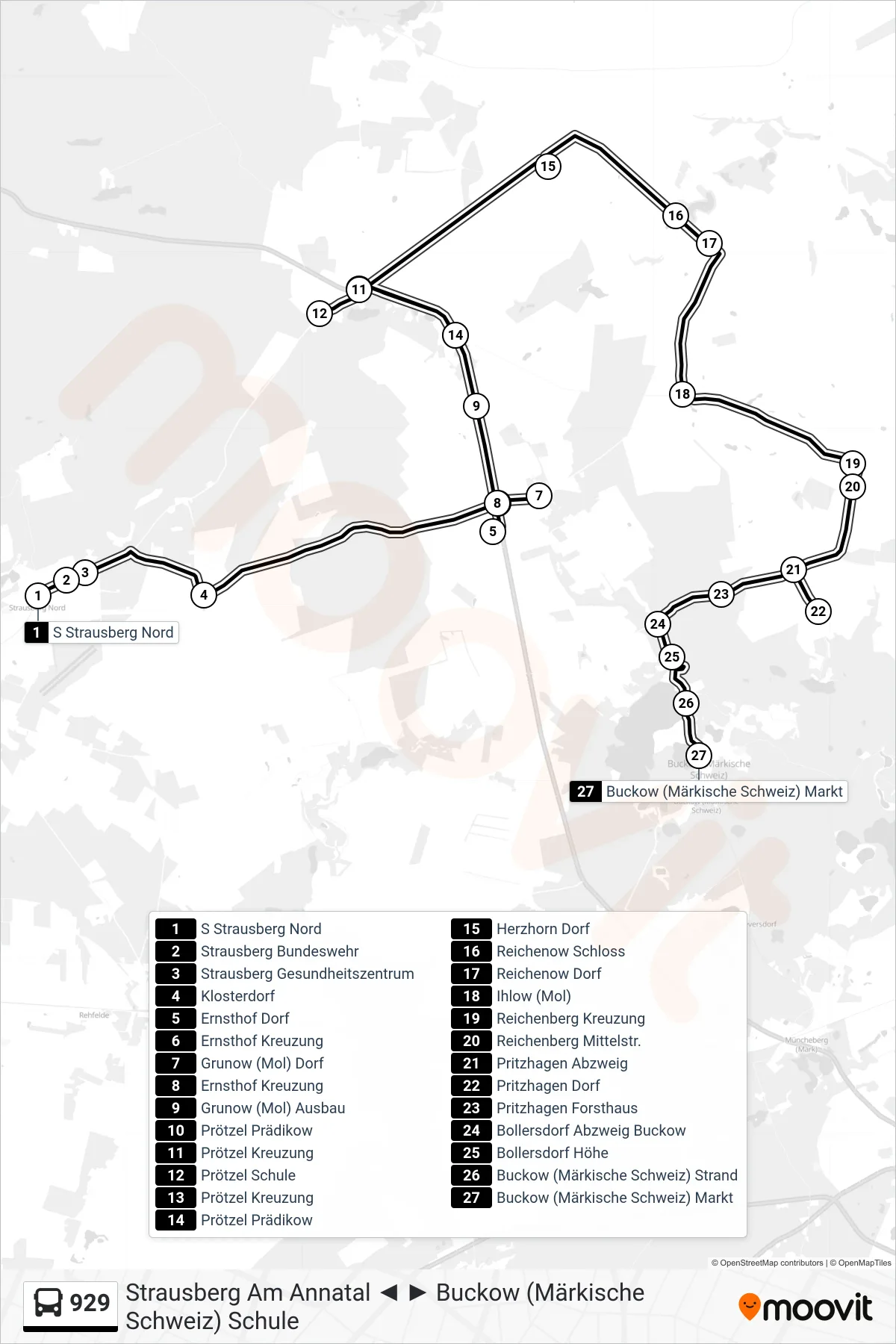 Linie 929 (Bus) Richtung Buckow (Märkische Schweiz) Markt: Route und Haltestellen auf der Karte