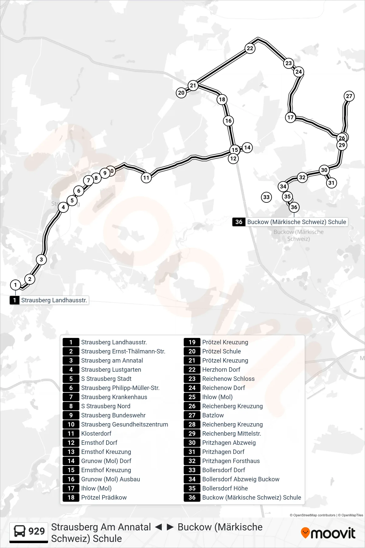 Linie 929 (Bus) Richtung Buckow (Märkische Schweiz) Schule: Route und Haltestellen auf der Karte