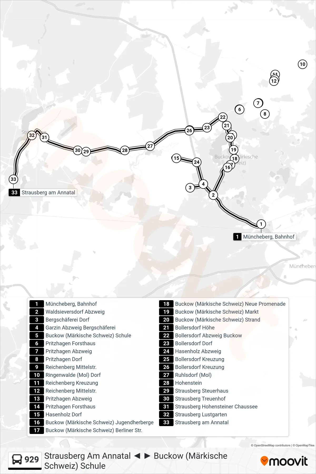Linie 929 (Bus) Richtung Strausberg am Annatal: Route und Haltestellen auf der Karte