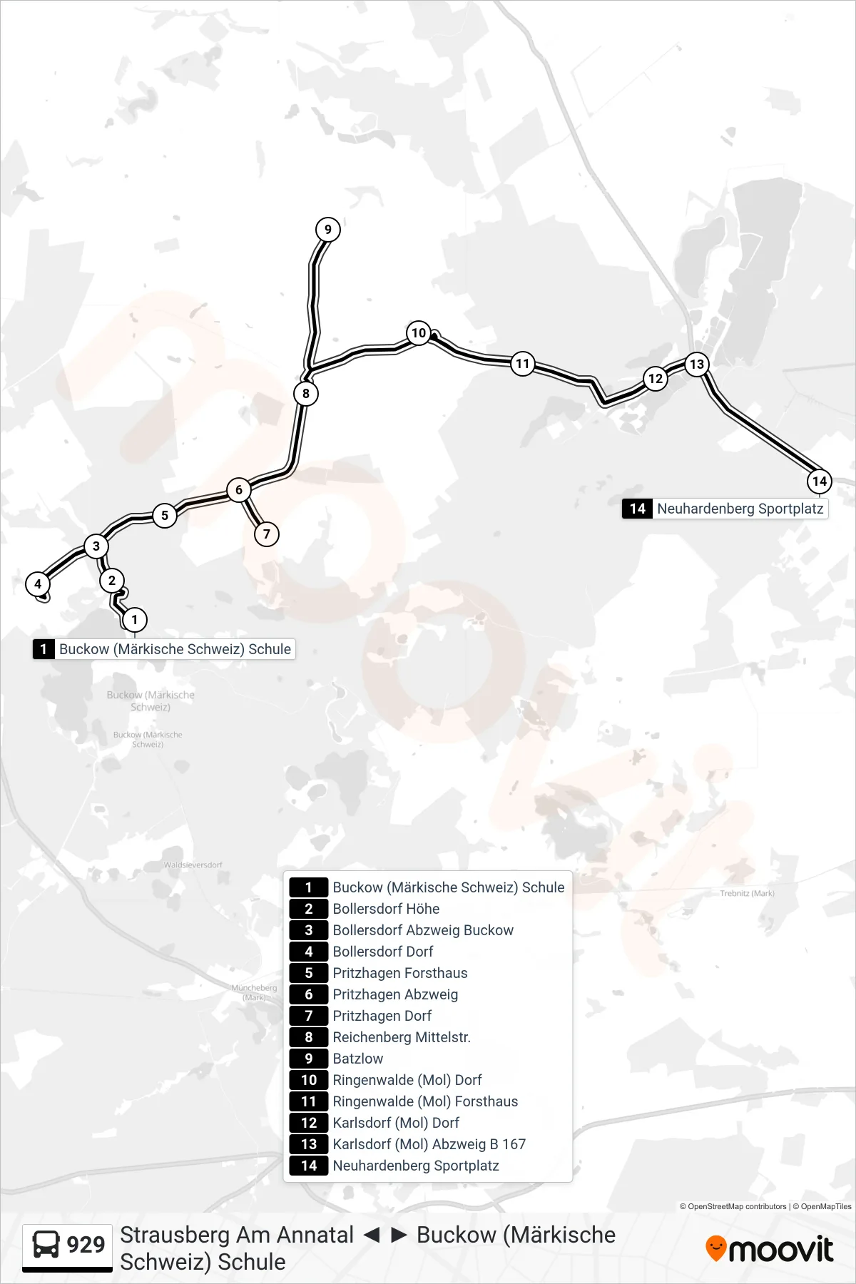 Linie 929 (Bus) Richtung Neuhardenberg Sportplatz: Route und Haltestellen auf der Karte