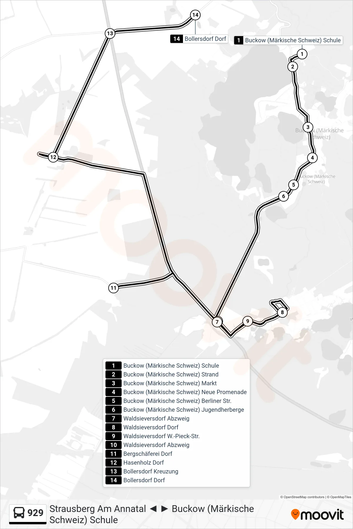 Linie 929 (Bus) Richtung Bollersdorf Dorf: Route und Haltestellen auf der Karte