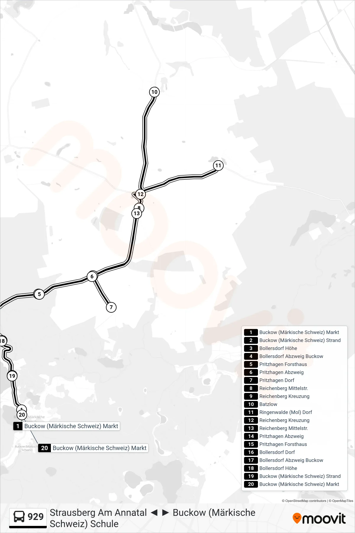 Linie 929 (Bus) Richtung Buckow (Märkische Schweiz) Markt: Route und Haltestellen auf der Karte