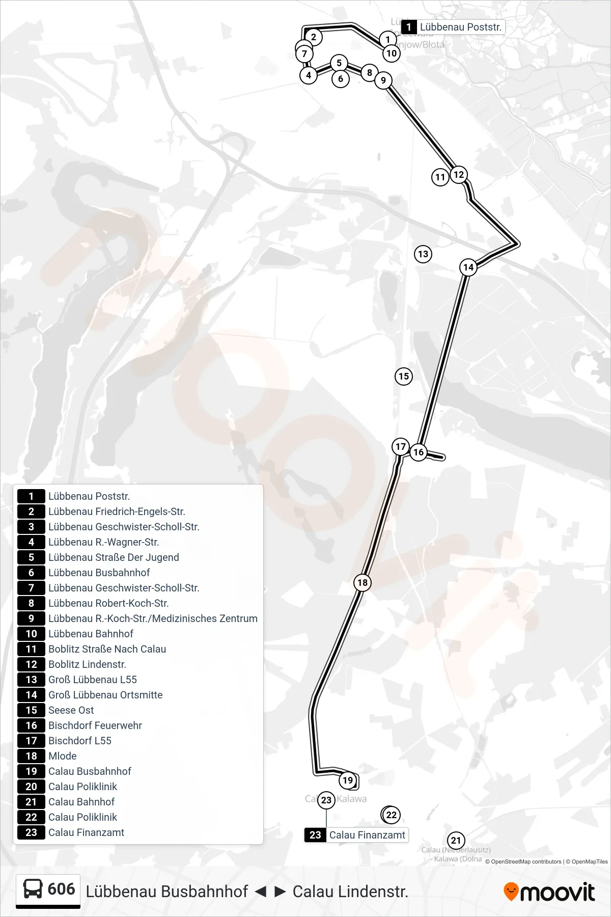 Linie 606 (Bus) Richtung Calau Busbahnhof: Route und Haltestellen auf der Karte