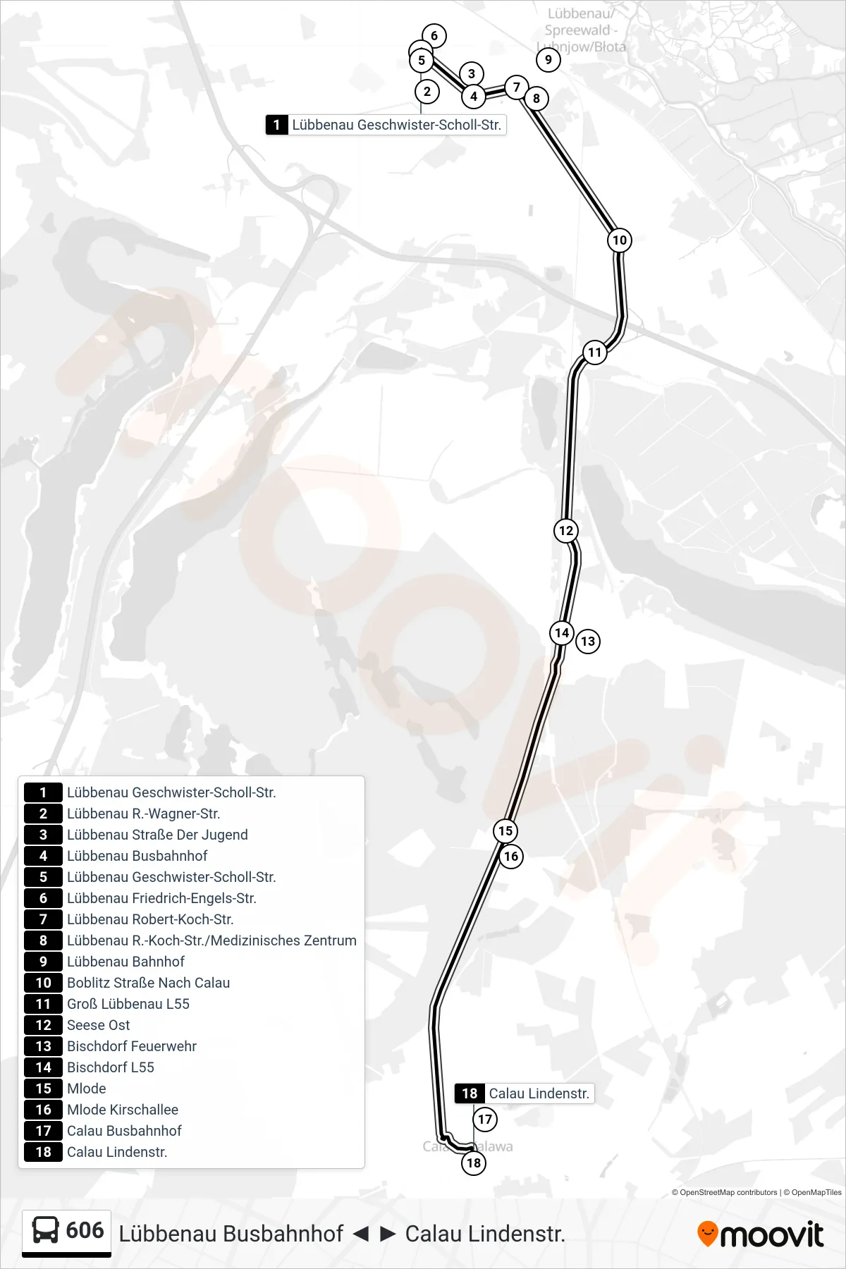 Linie 606 (Bus) Richtung Calau Lindenstr.: Route und Haltestellen auf der Karte