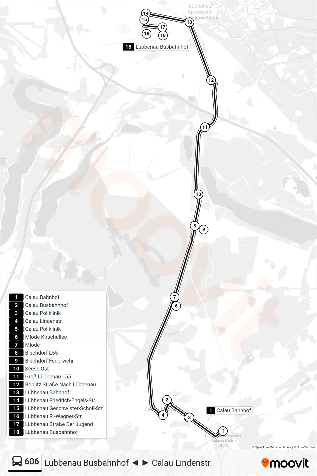 Linie 606 (Bus) Richtung Lübbenau Busbahnhof: Route und Haltestellen auf der Karte