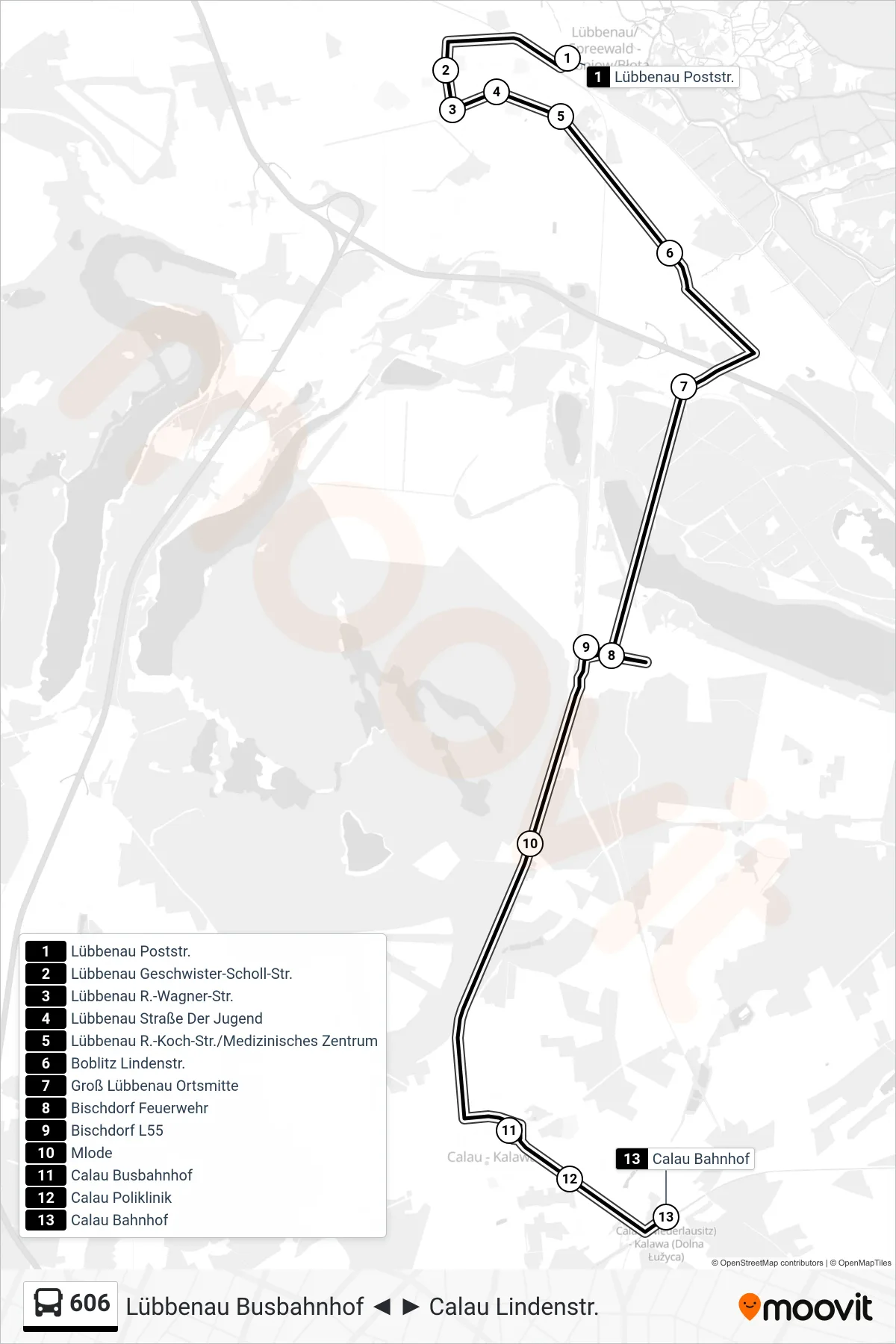 Linie 606 (Bus) Richtung Calau Bahnhof: Route und Haltestellen auf der Karte