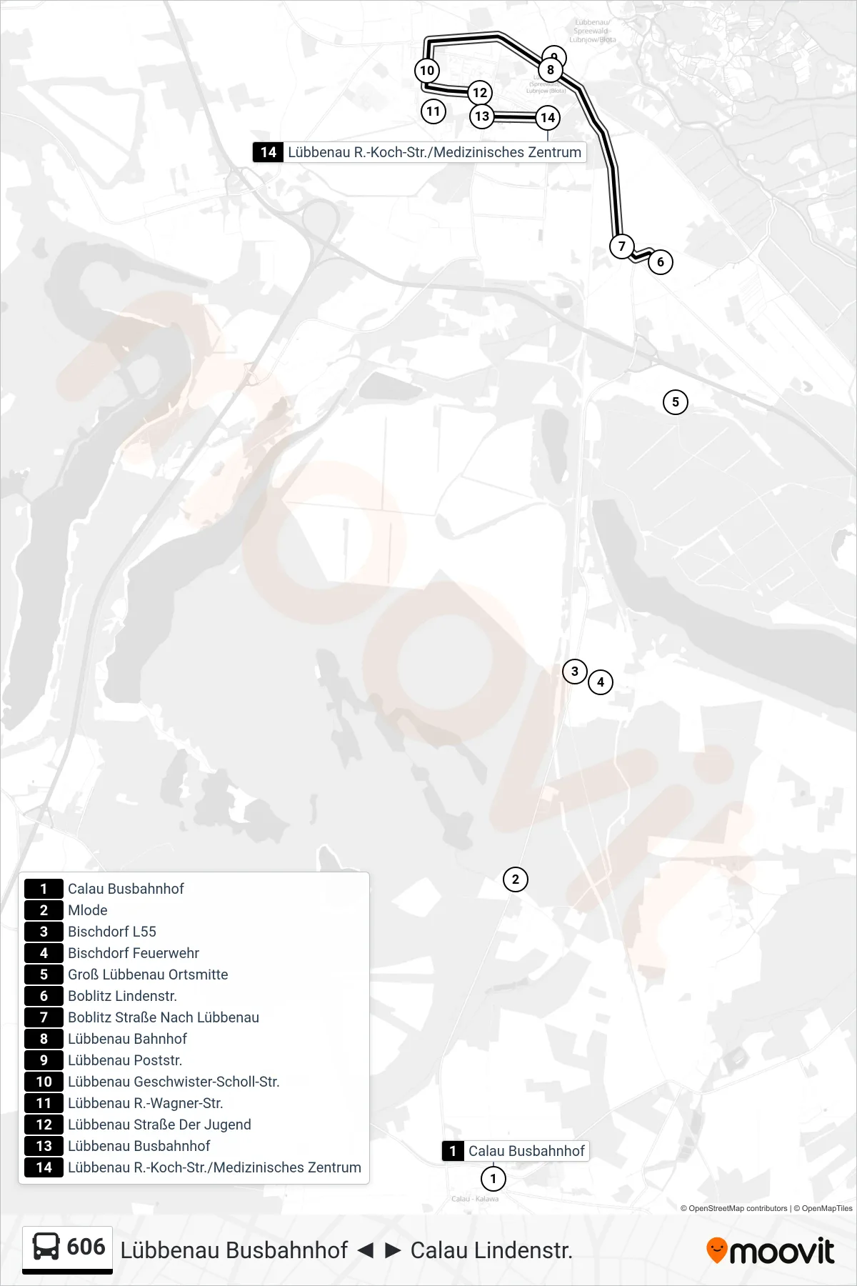 Linie 606 (Bus) Richtung Lübbenau R.-Koch-Str./Medizinisches Zentrum: Route und Haltestellen auf der Karte