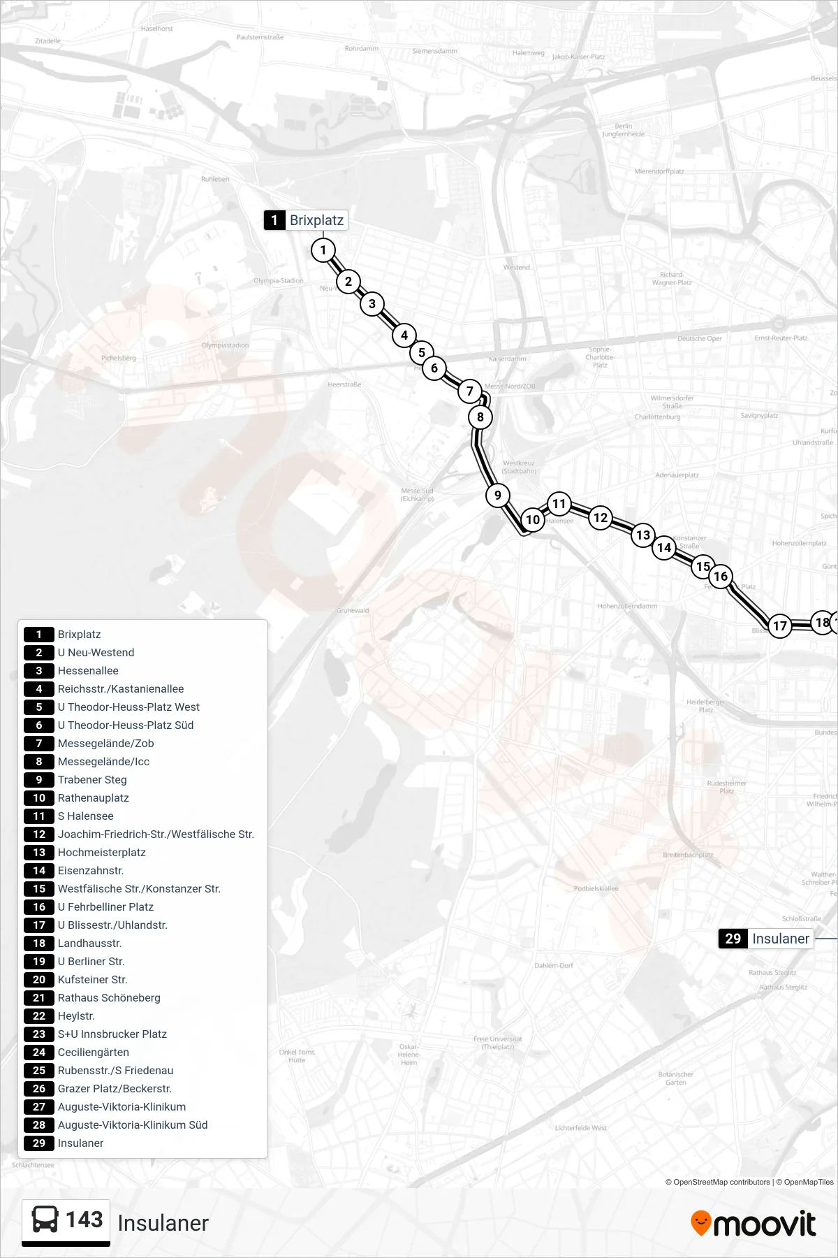 143 bus Line (Insulaner) route and stops on a map