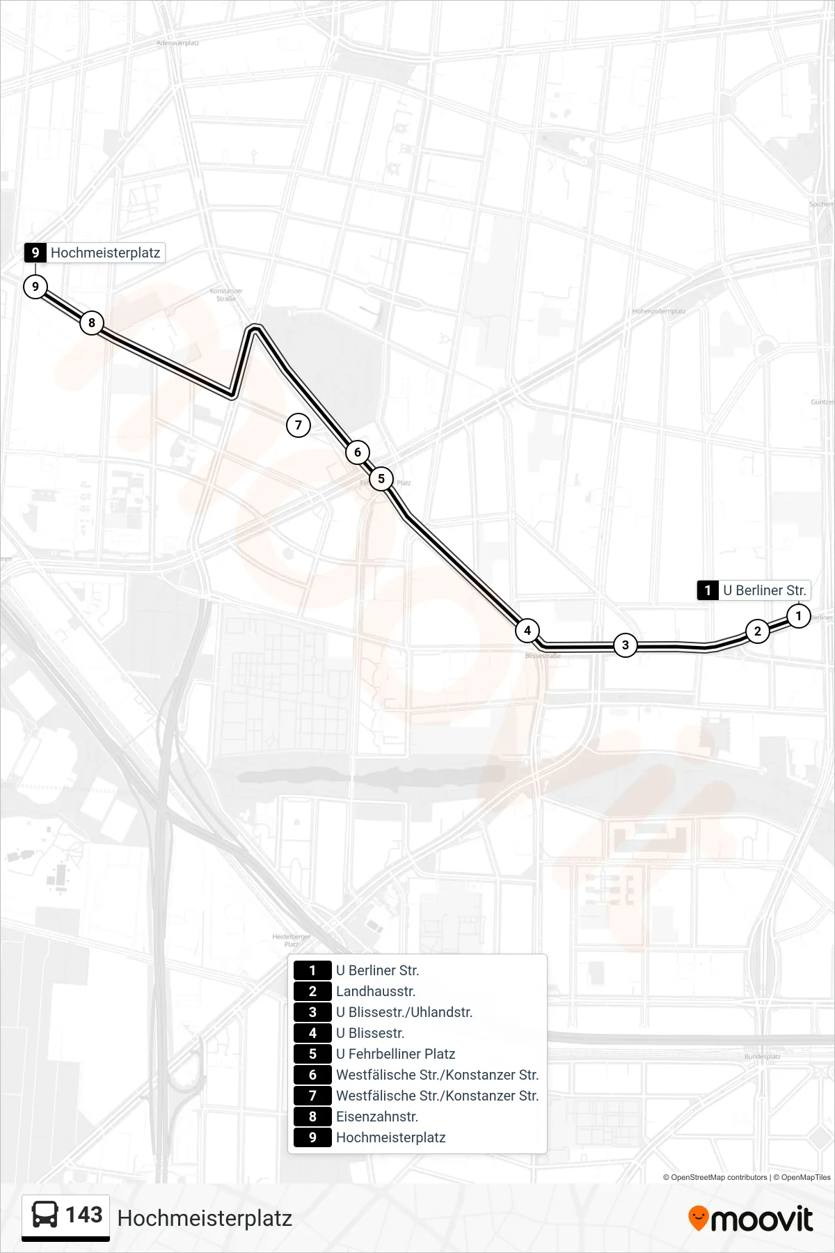 Linie 143 (Bus) Richtung Hochmeisterplatz: Route und Haltestellen auf der Karte