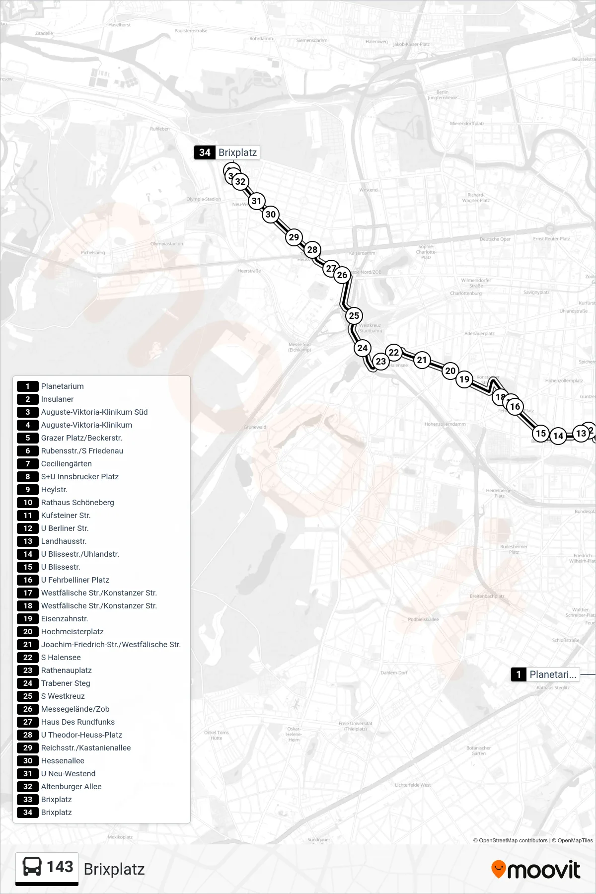 143 bus Line (Brixplatz) route and stops on a map