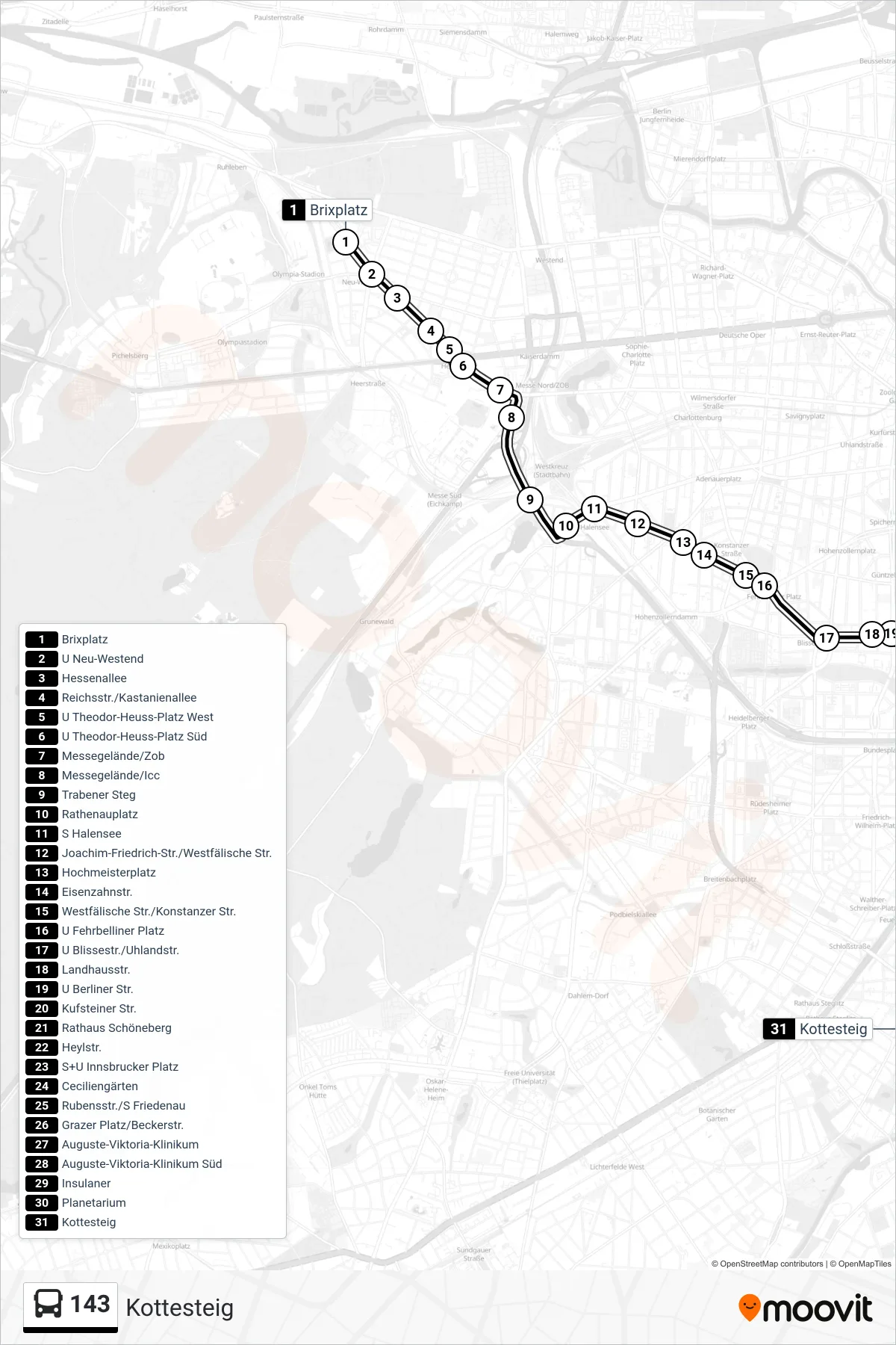 143 bus Line (Kottesteig) route and stops on a map