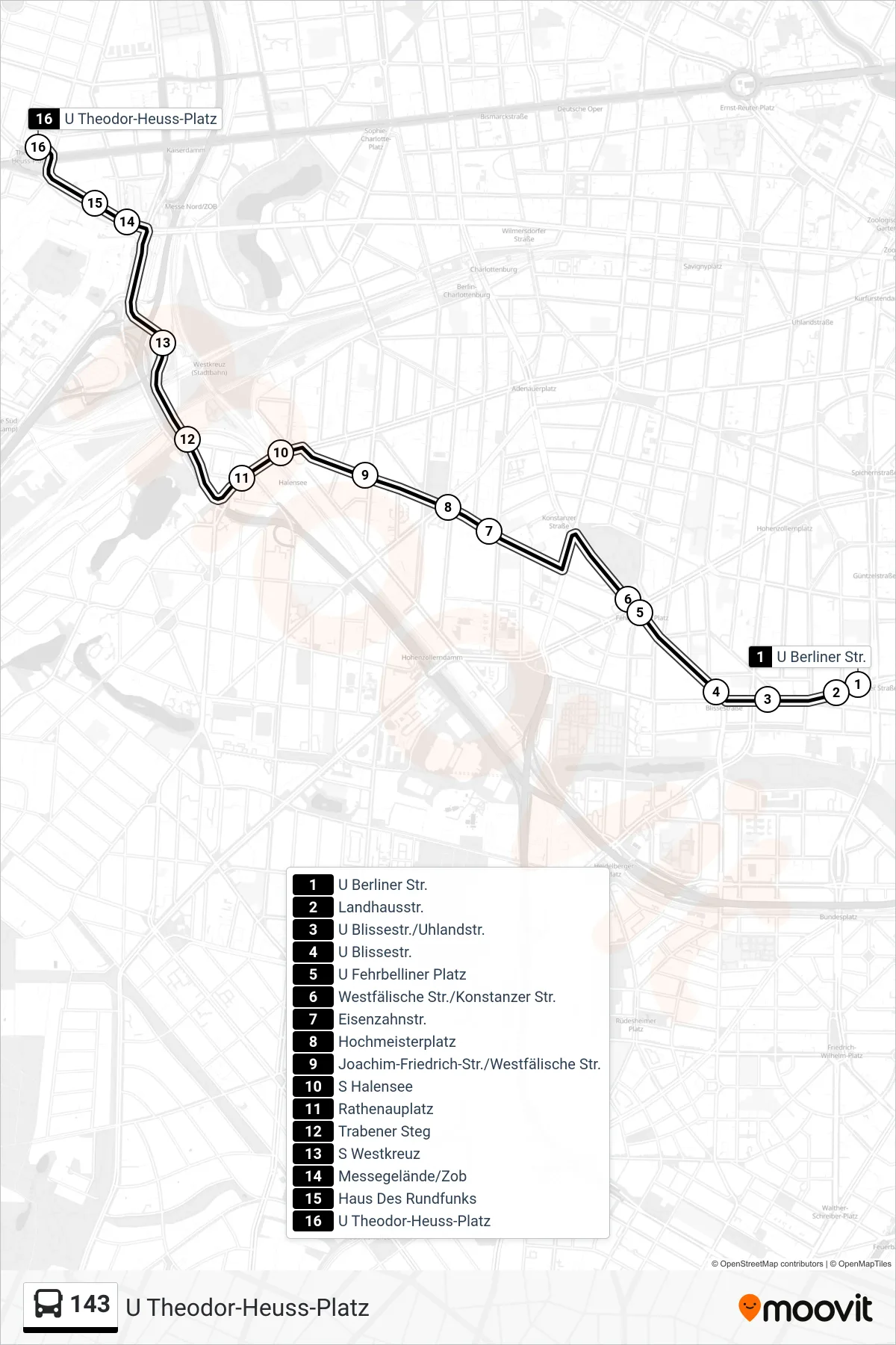 Linie 143 (Bus) Richtung U Theodor-Heuss-Platz: Route und Haltestellen auf der Karte